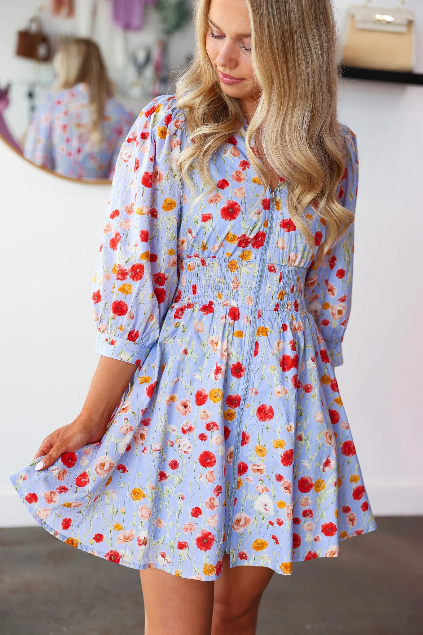 Smocked Waist Floral Dress - Blue - Image 6