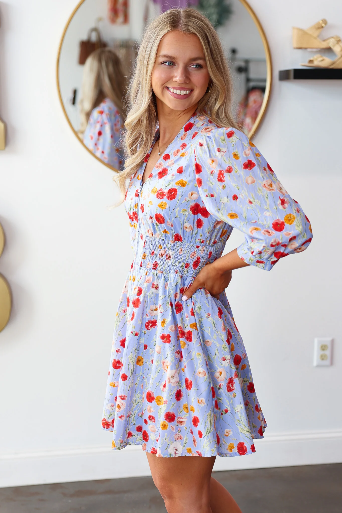 Smocked Waist Floral Dress - Blue - Image 7
