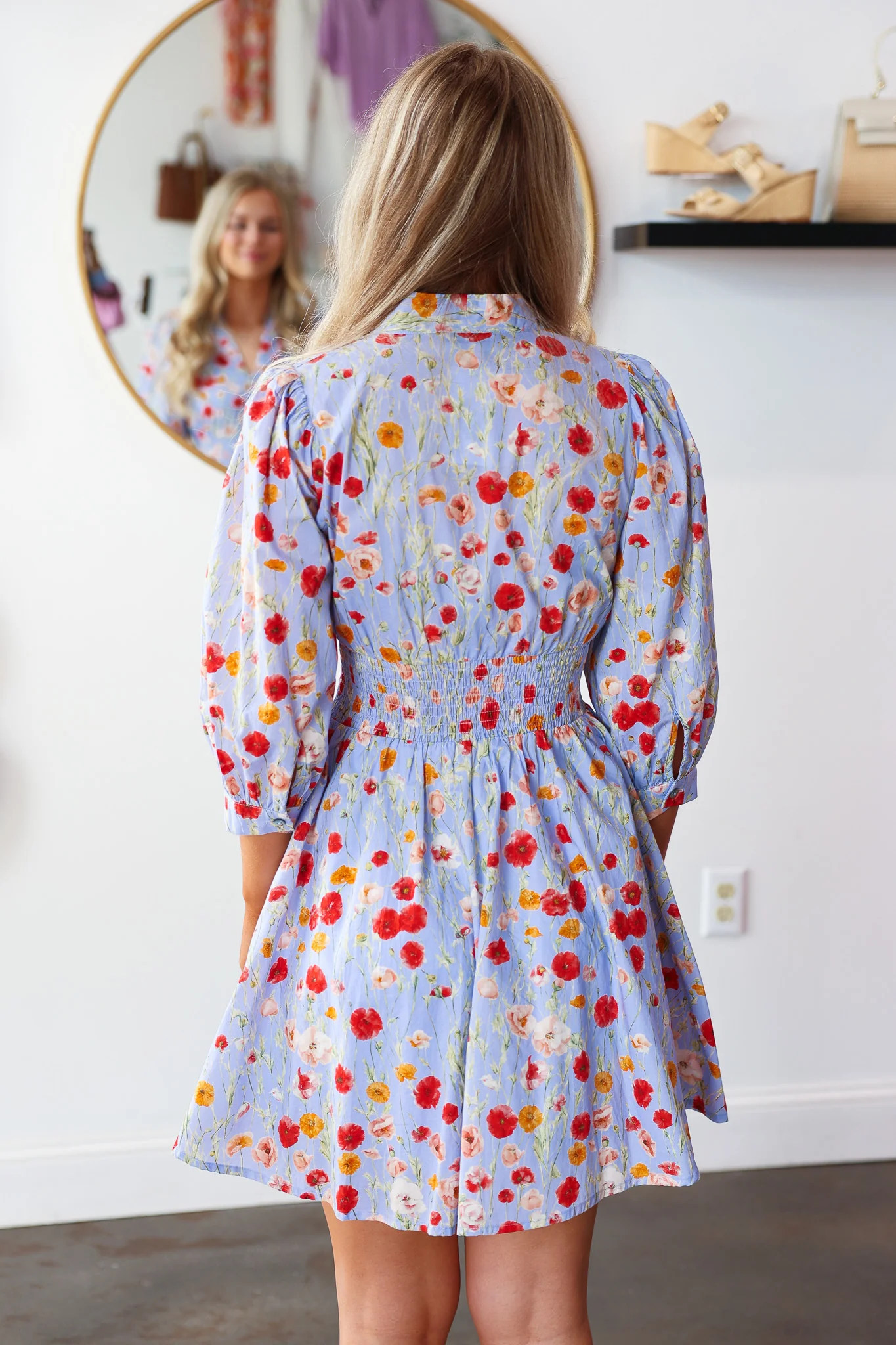 Smocked Waist Floral Dress - Blue - Image 8