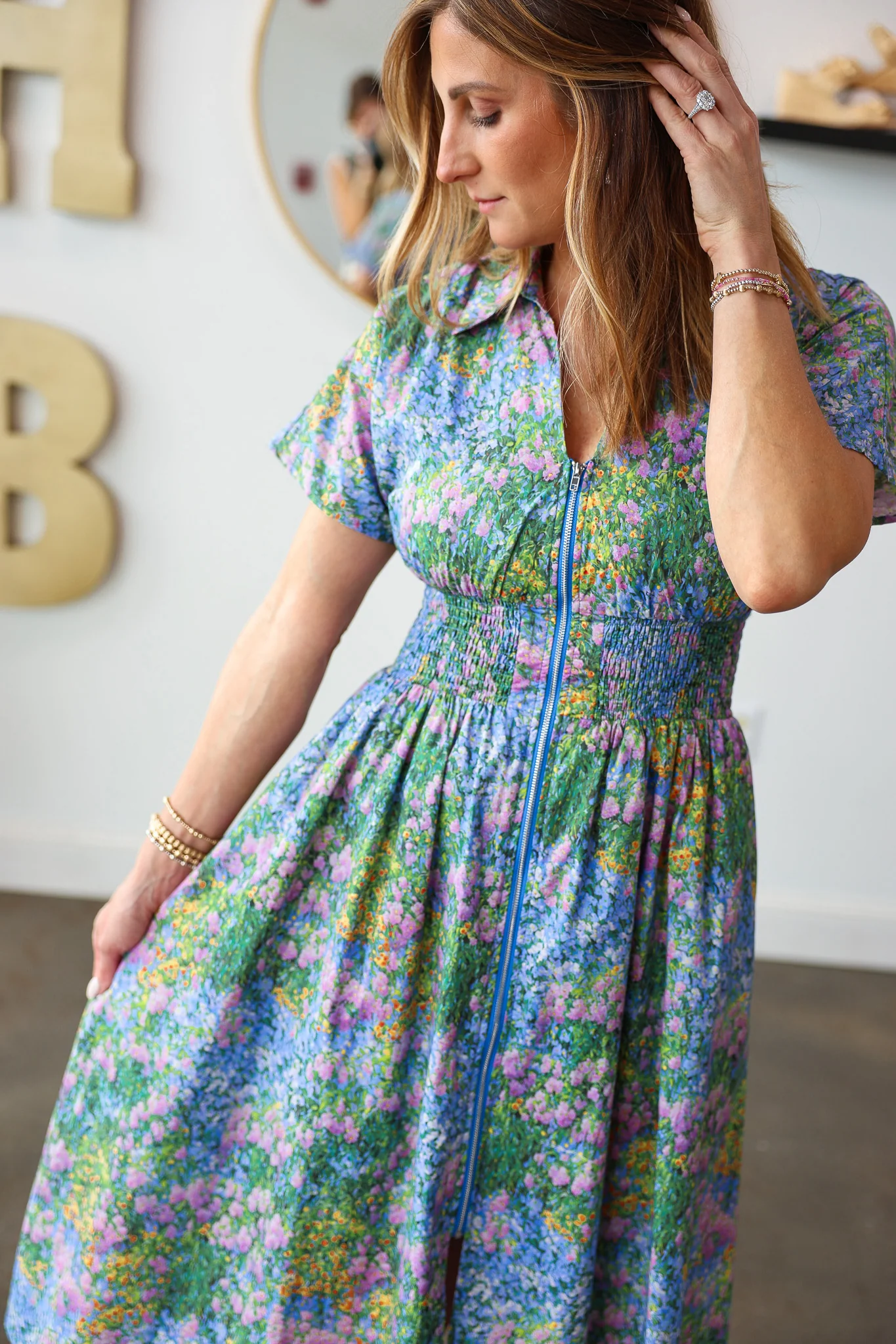 Smocked Waist Floral Dress - Blue