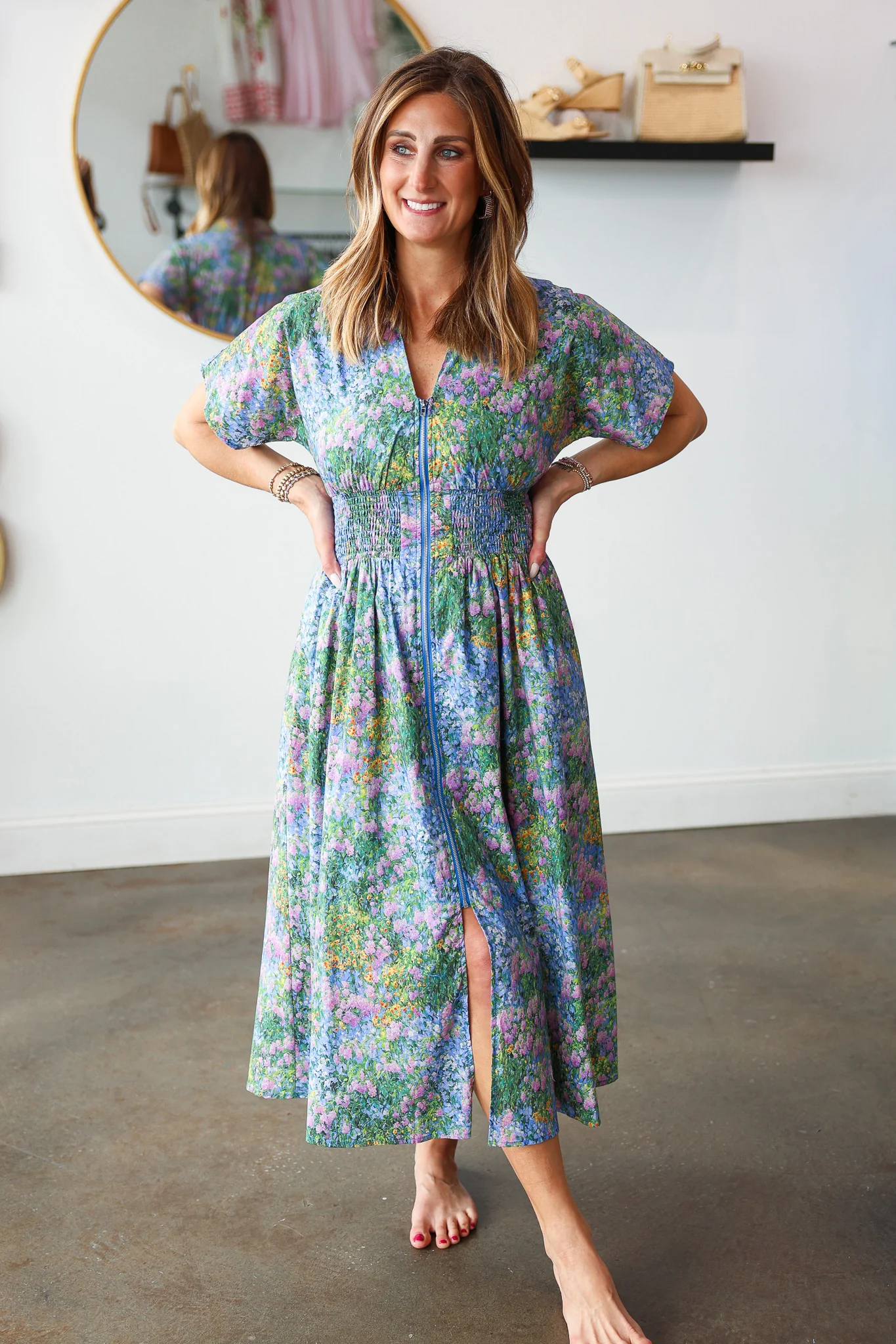 Smocked Waist Floral Dress - Blue - Image 2