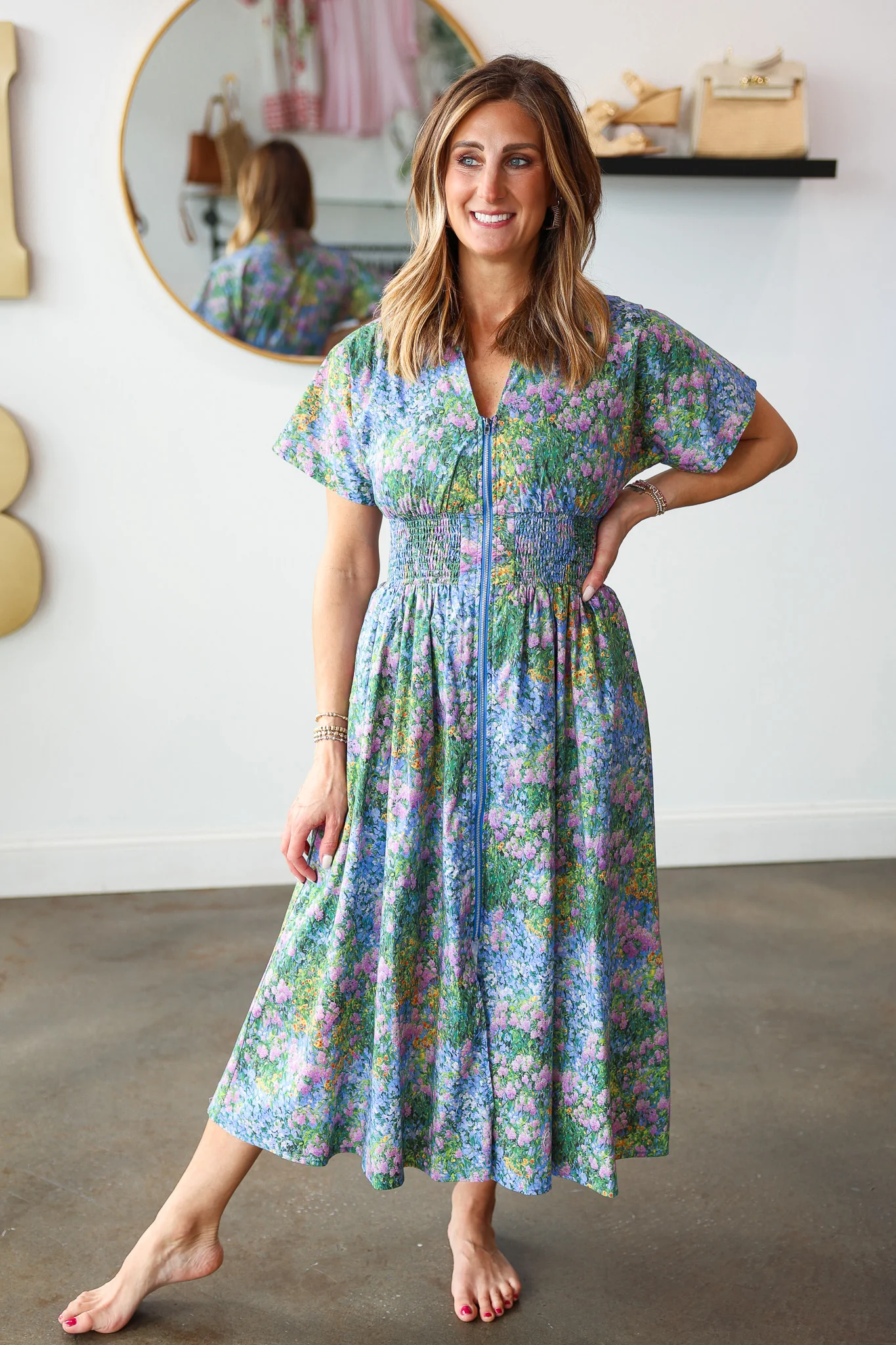 Smocked Waist Floral Dress - Blue - Image 3