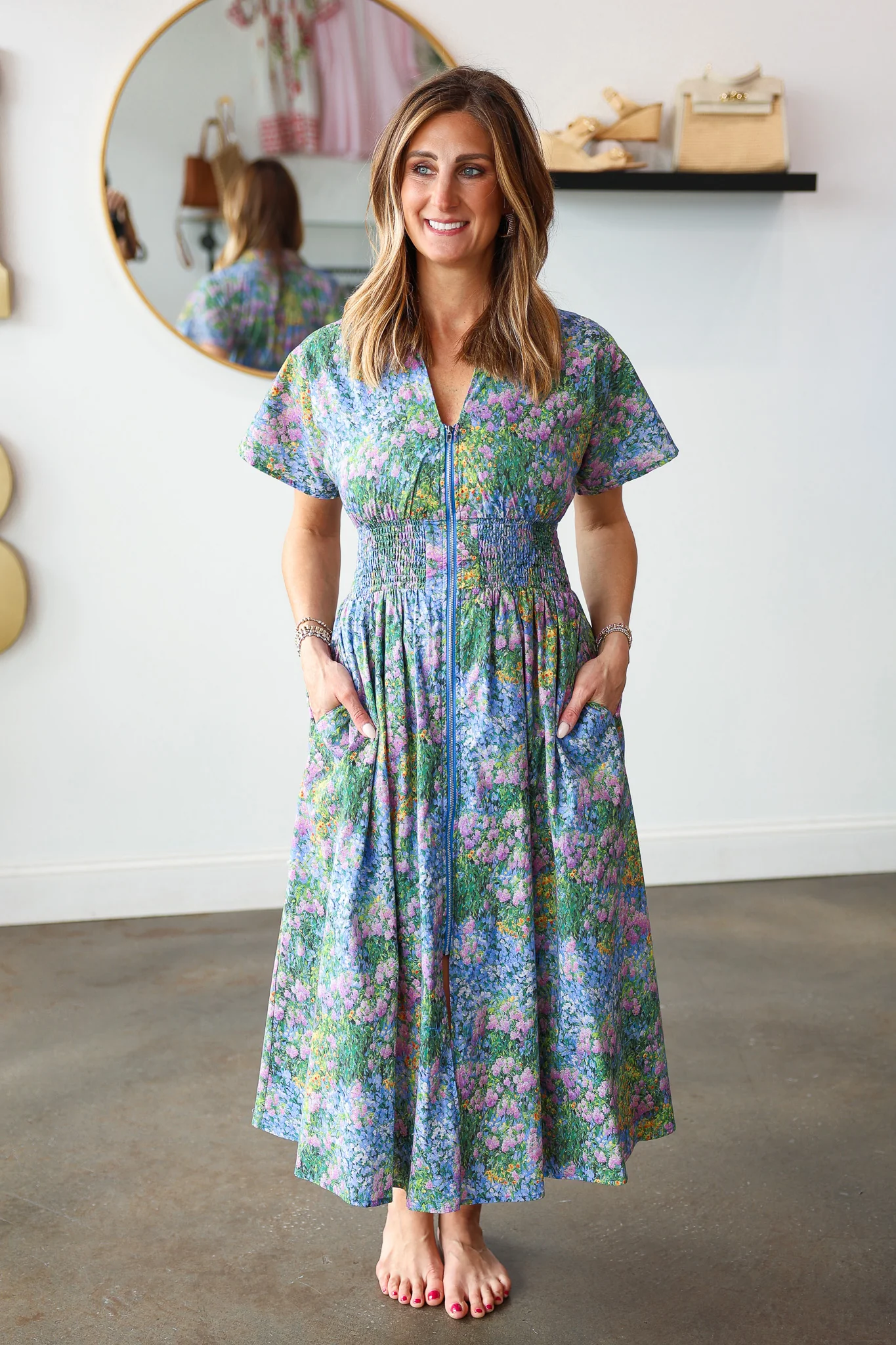 Smocked Waist Floral Dress - Blue - Image 4