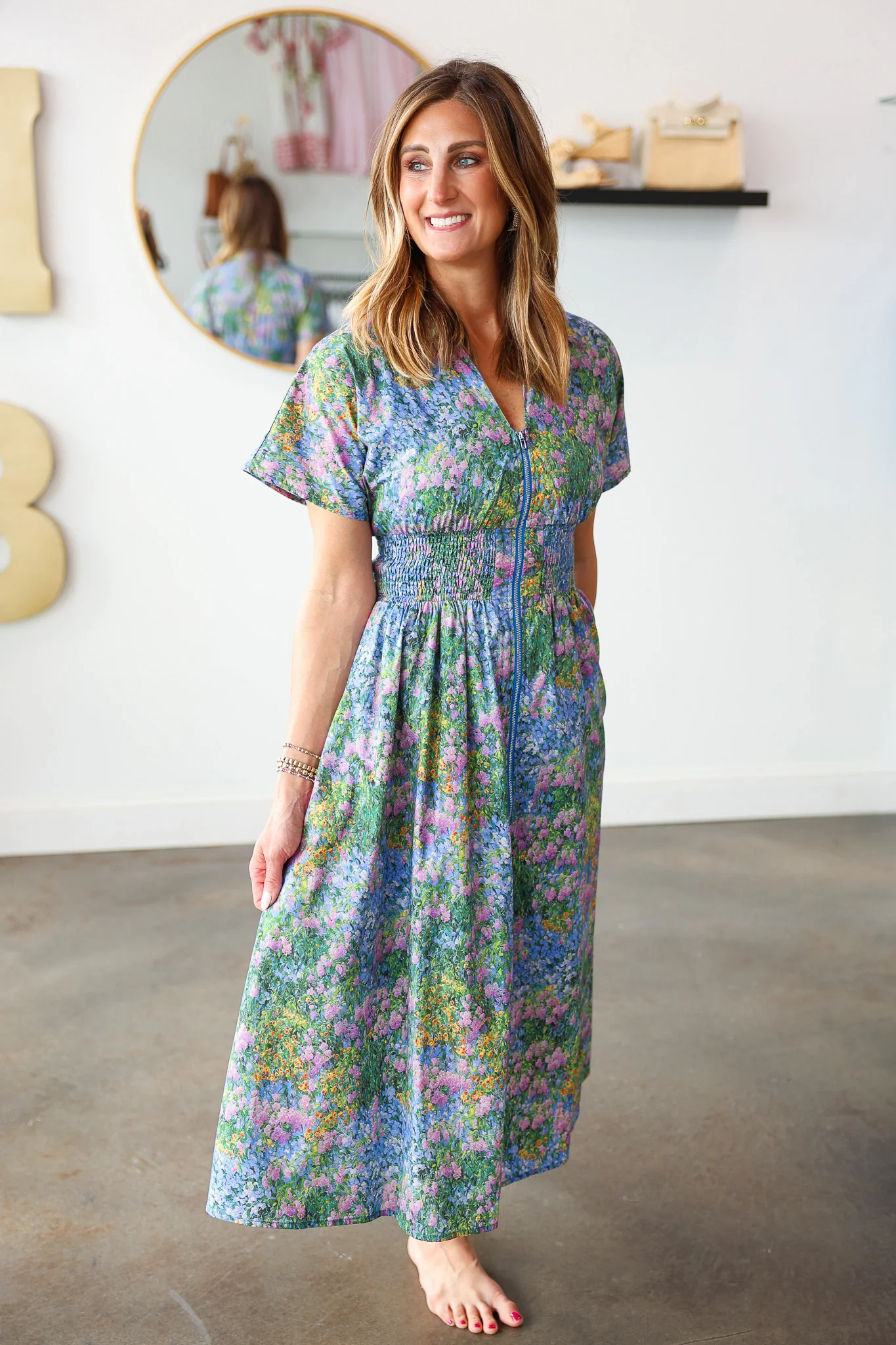Smocked Waist Floral Dress - Blue - Image 5