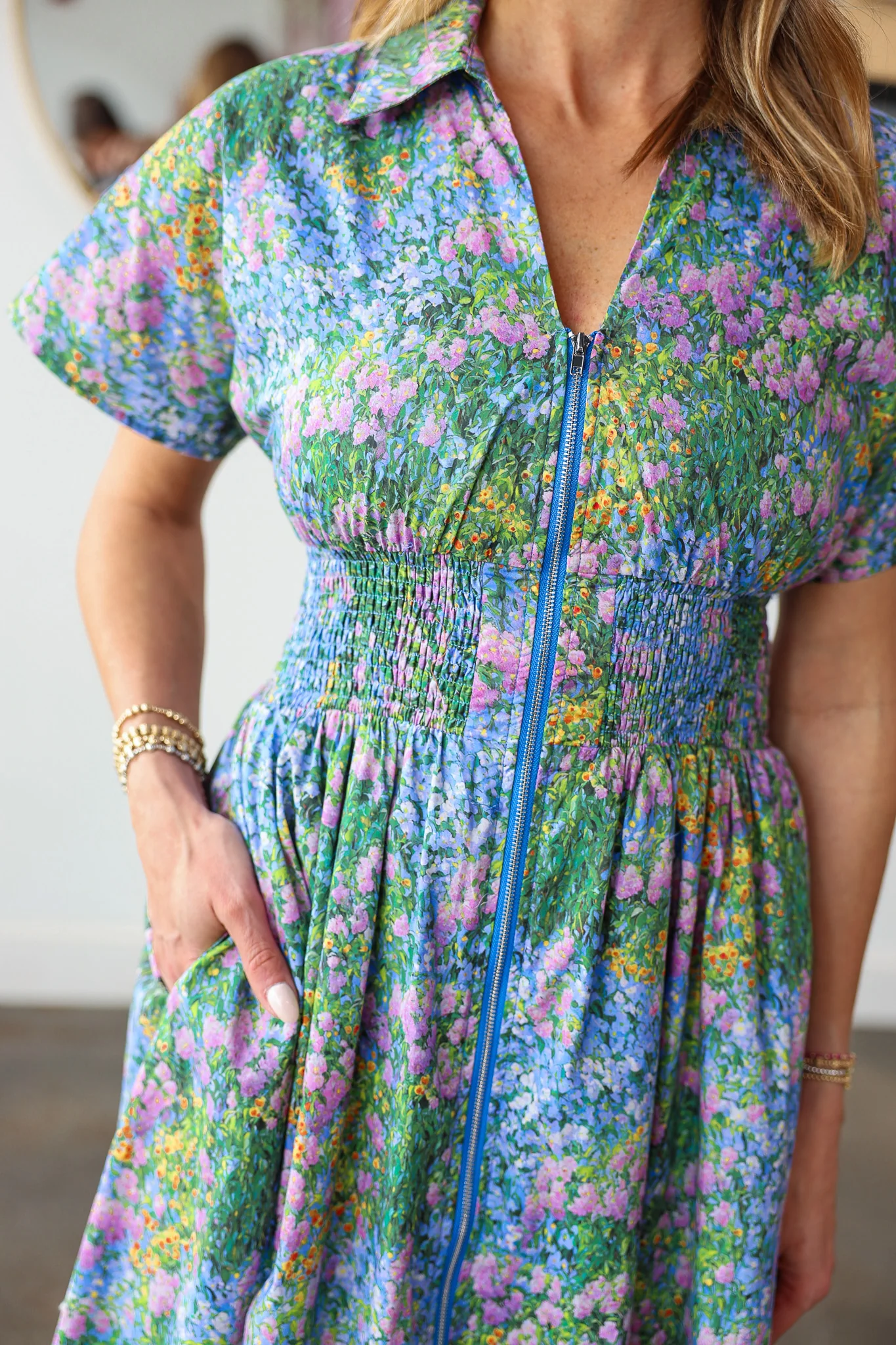 Smocked Waist Floral Dress - Blue - Image 8