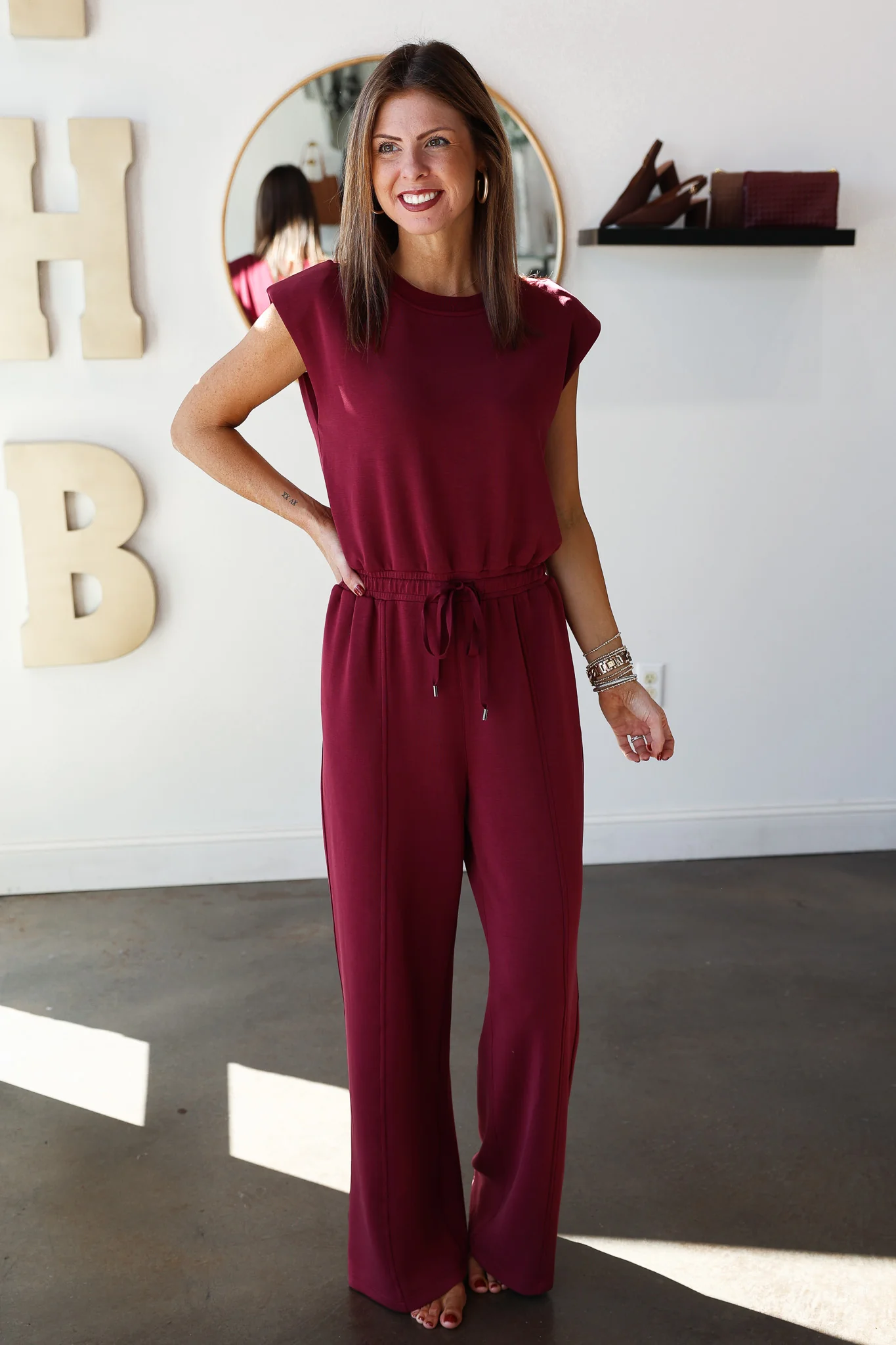 Soft Modal Tie Waist Jumpsuit - Burgundy - Image 2