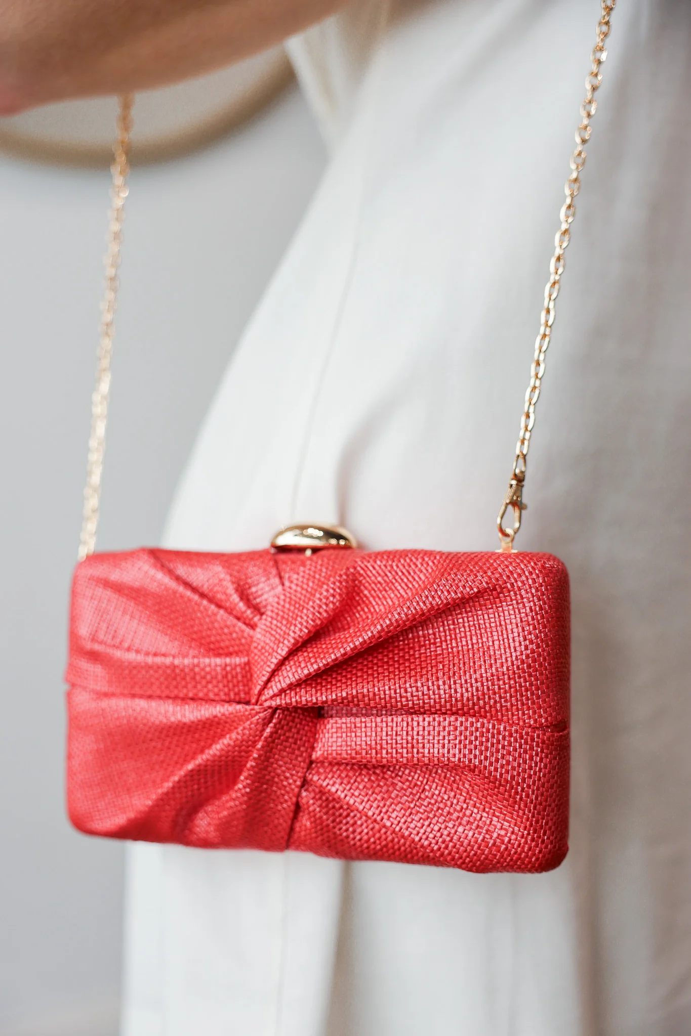 Straw Clutch With Chain Strap - Coral - Image 3