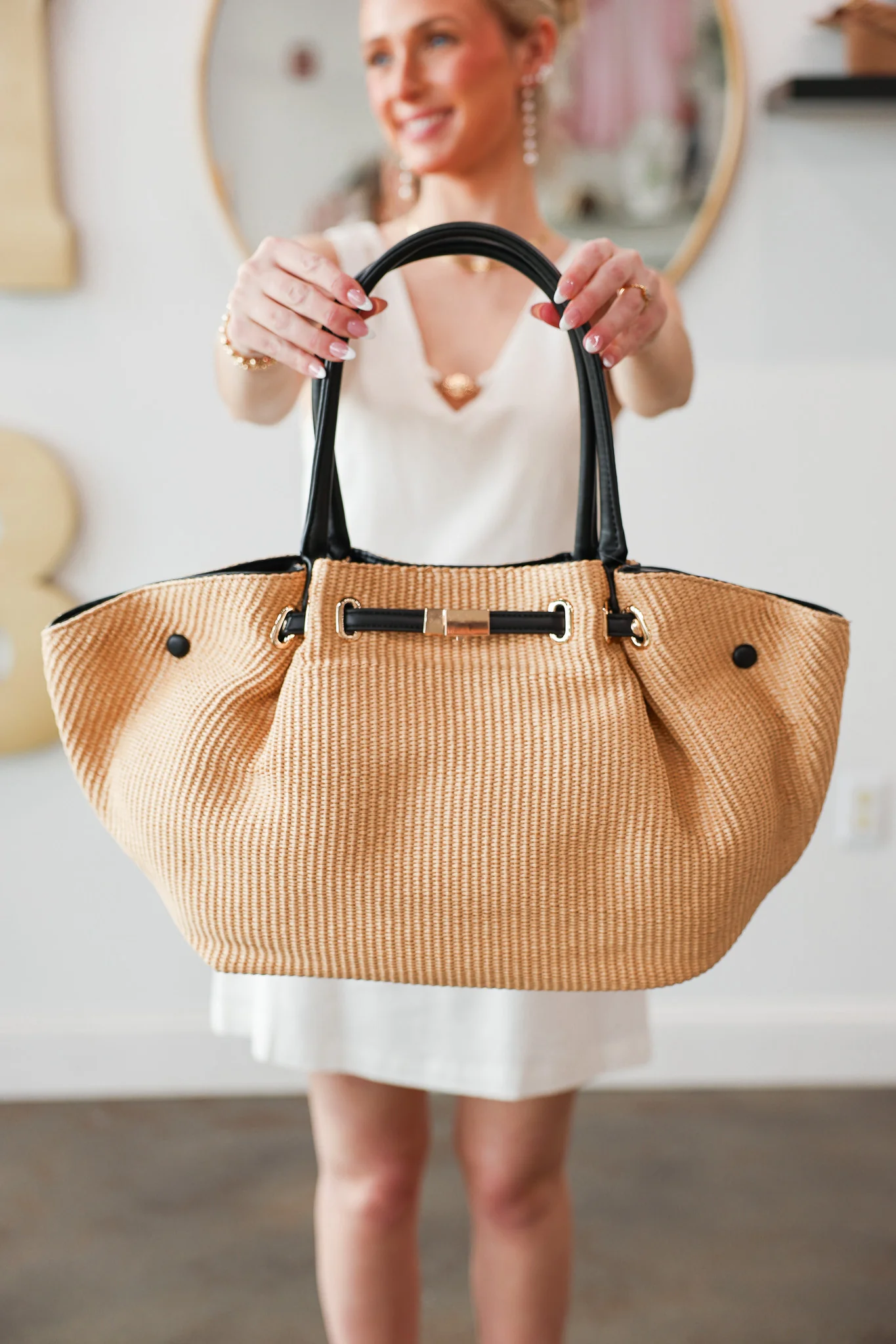 Straw Tote Bag - Natural/Black - Image 2