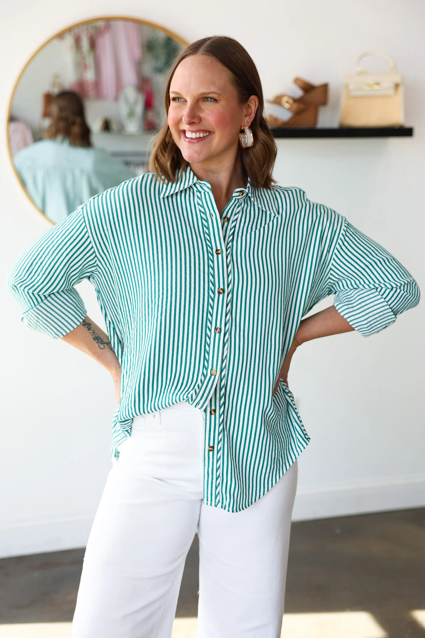 Striped Button Down Top - Green