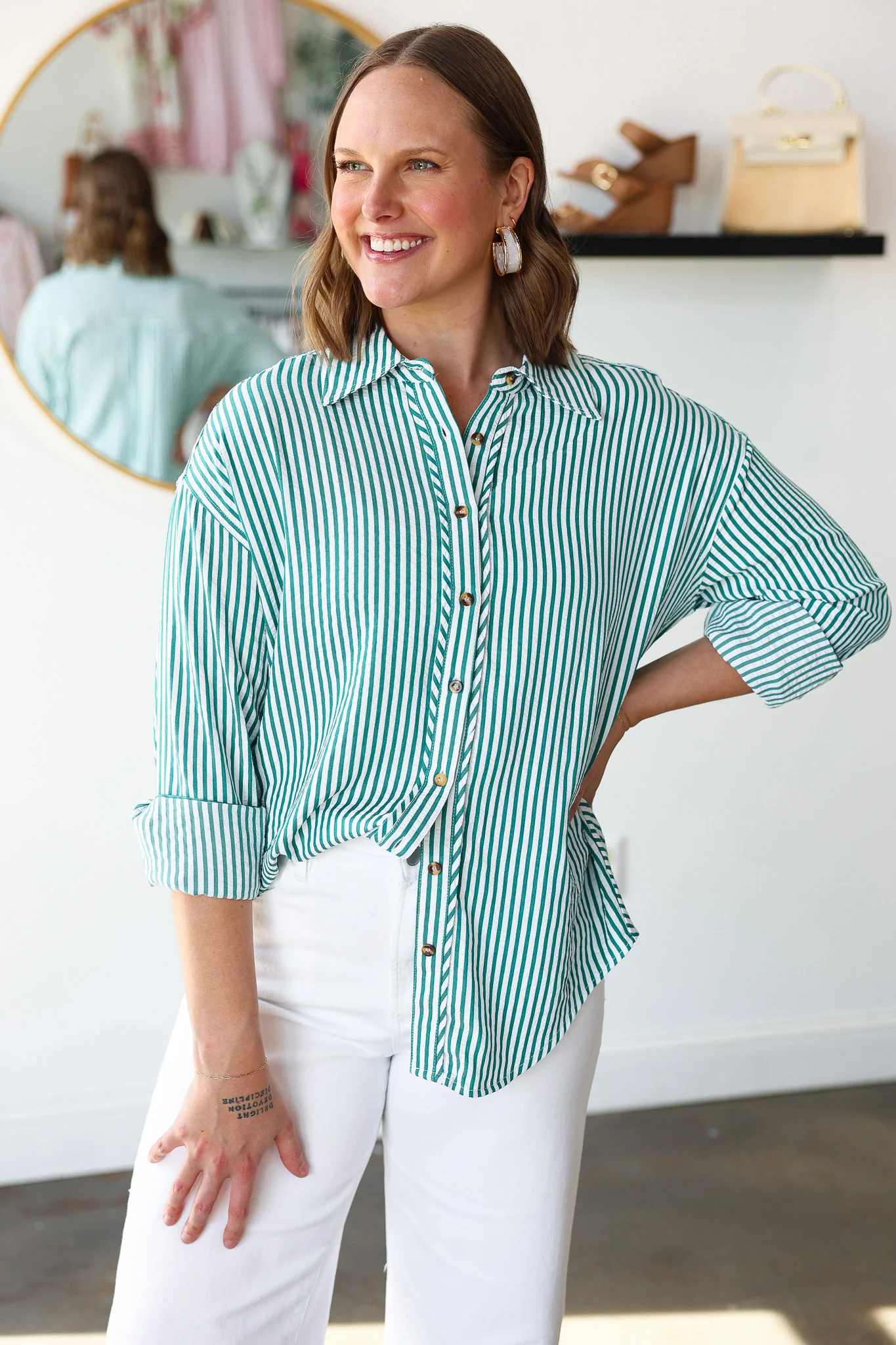 Striped Button Down Top - Green - Image 3