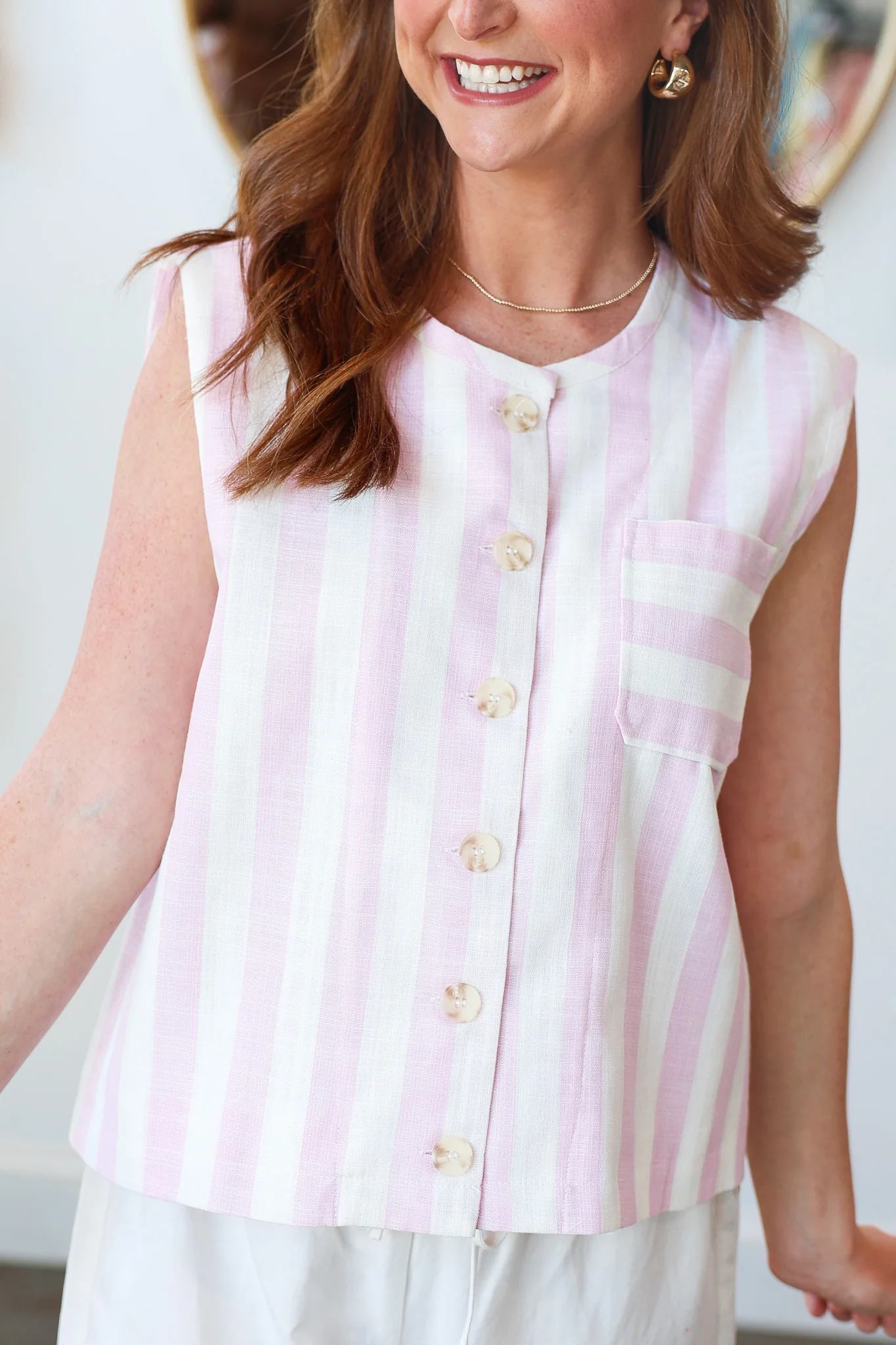 Striped Button Front Top - Pink - Image 4