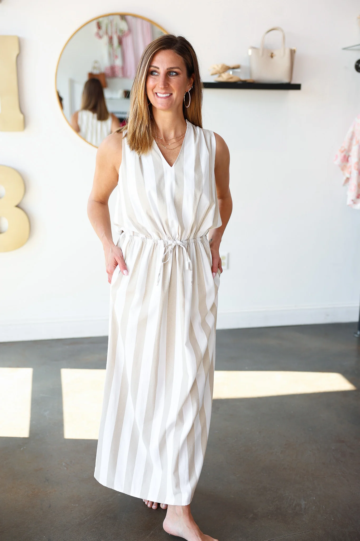 Striped Maxi Dress - Off White/Taupe - Image 2