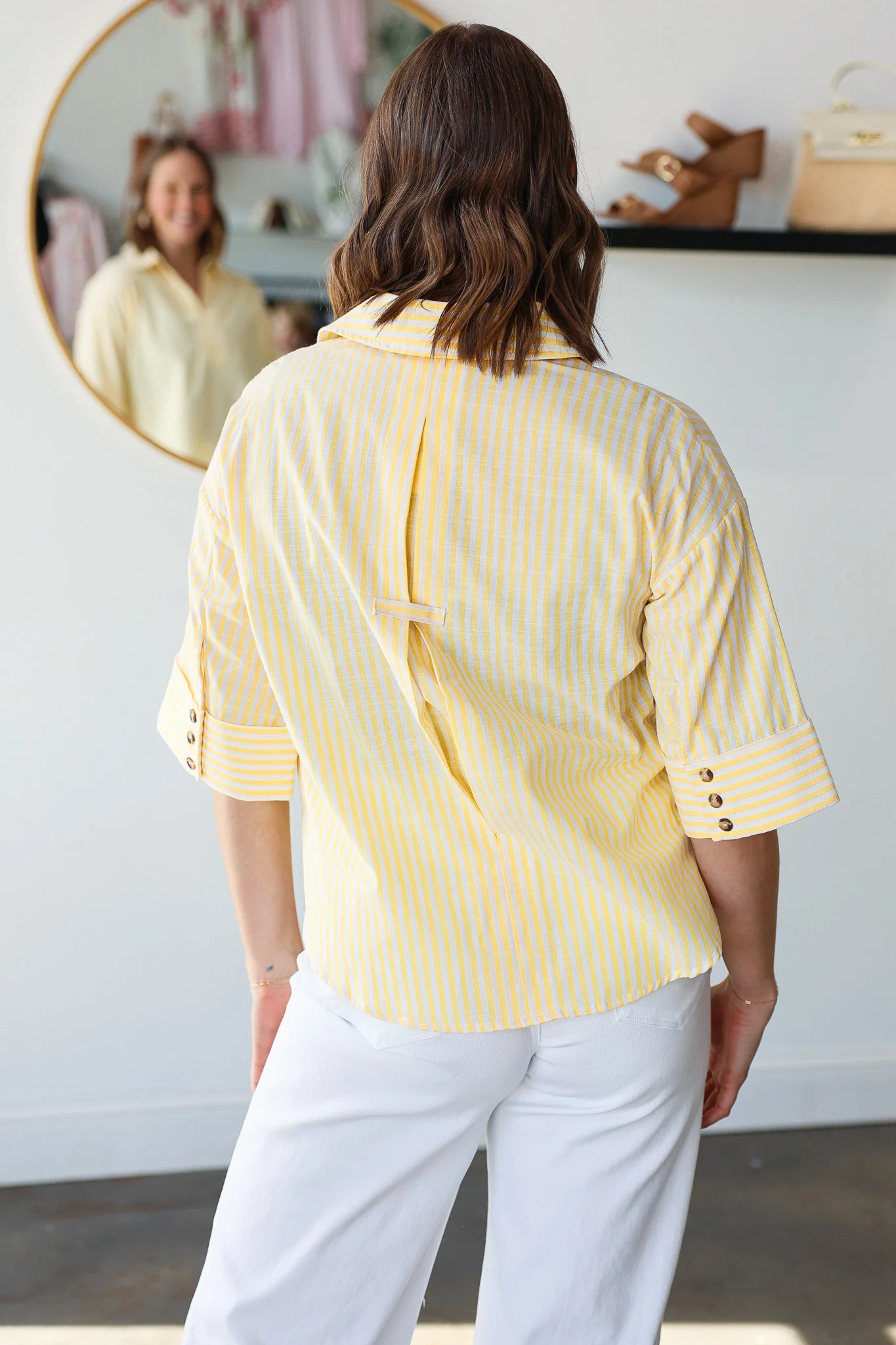 Striped Three Quarter Sleeve Top - Yellow - Image 8