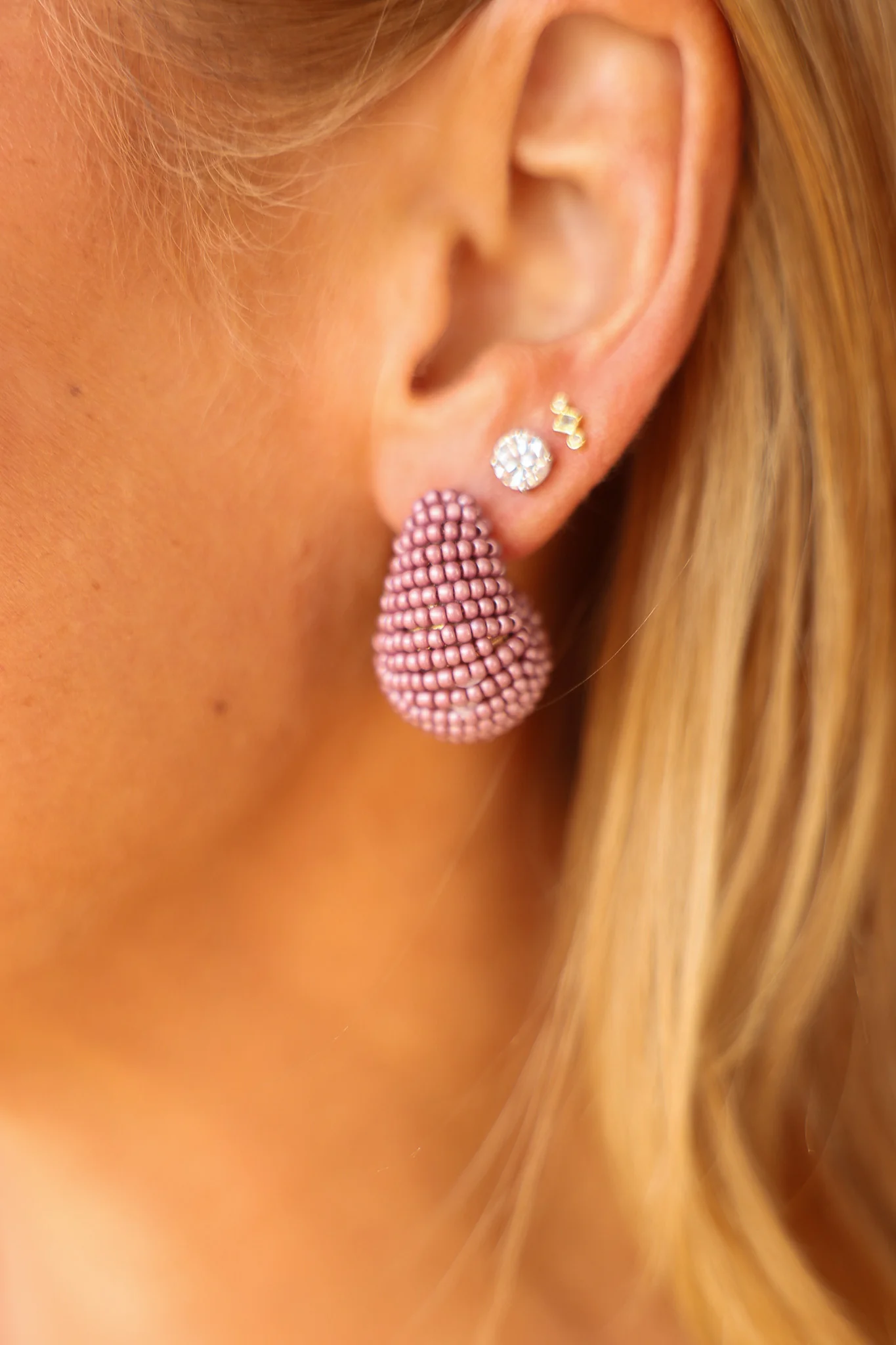 Teardrop Beaded Hoops - Lavender