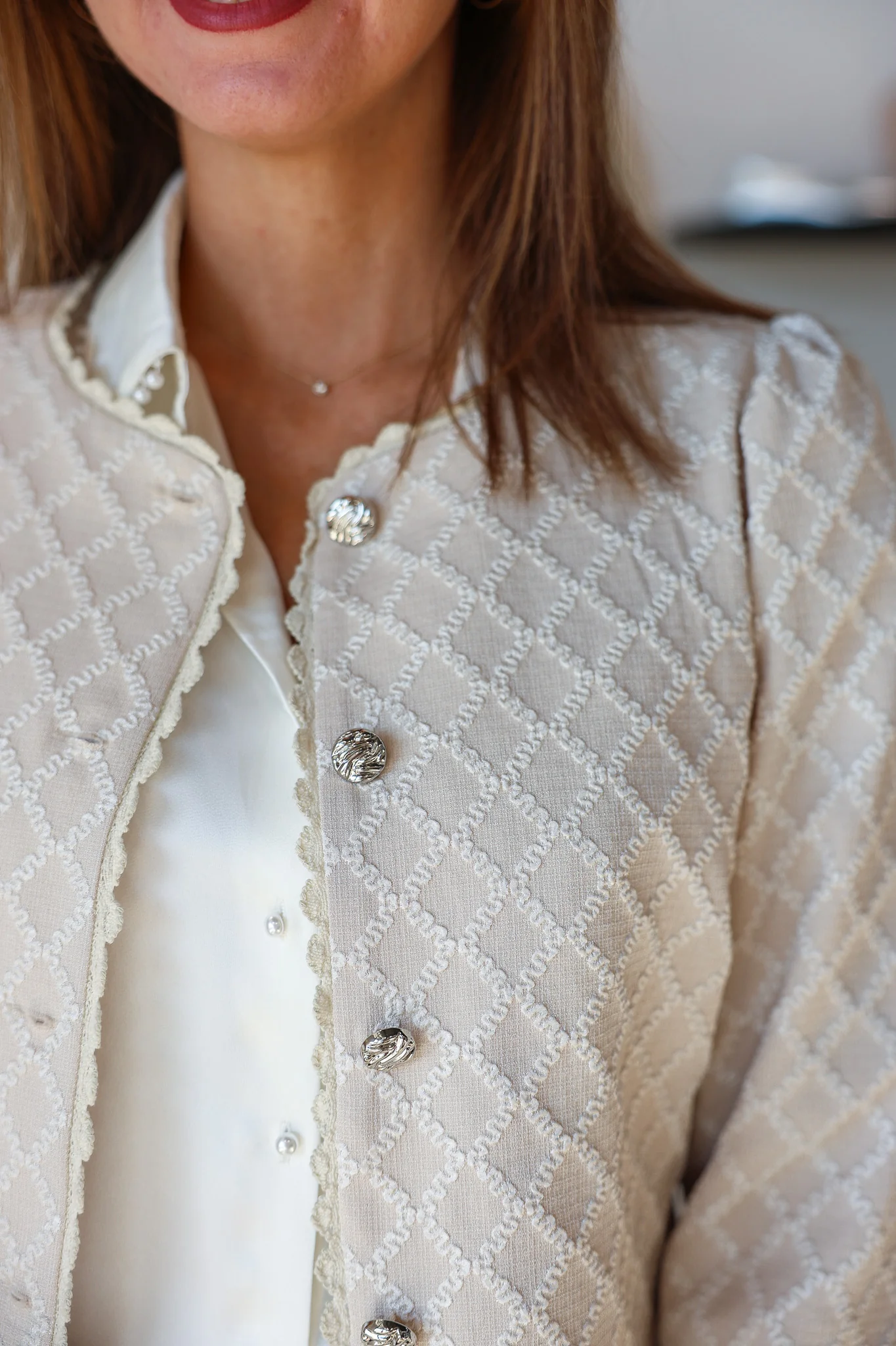 Textured Button Front Jacket - Cream/Ivory - Image 7