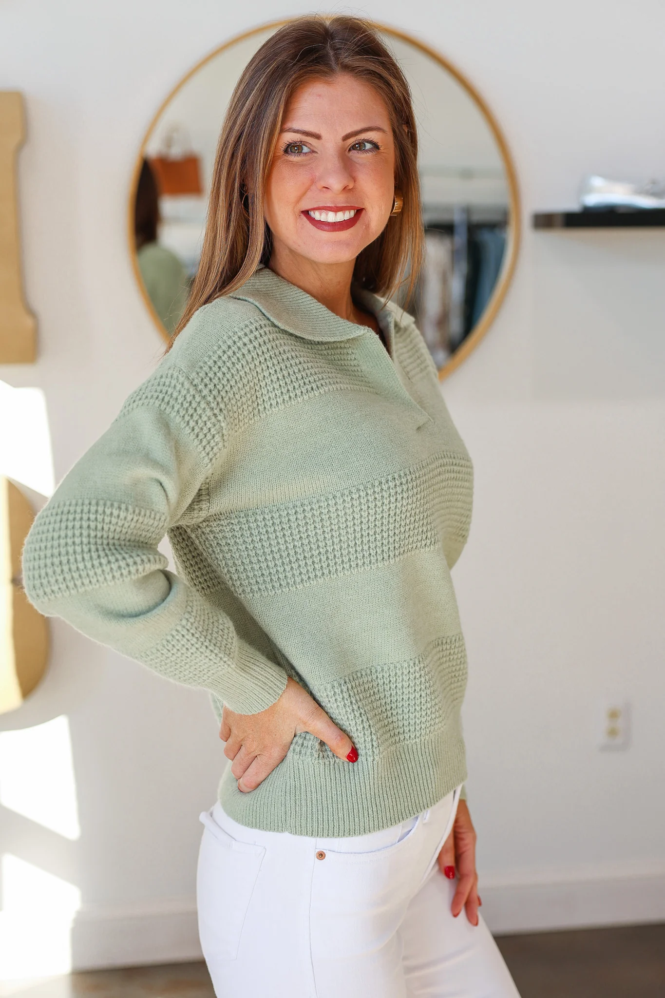 Textured Collared Sweater - Sage - Image 7