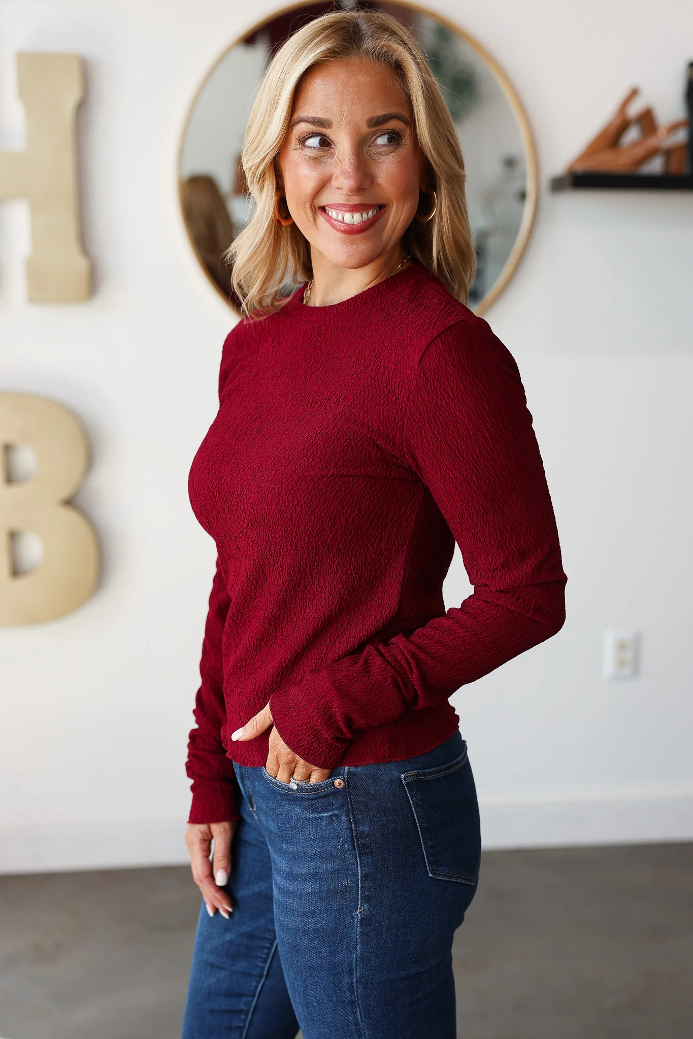 Textured Long Sleeve Top - Wine - Image 4