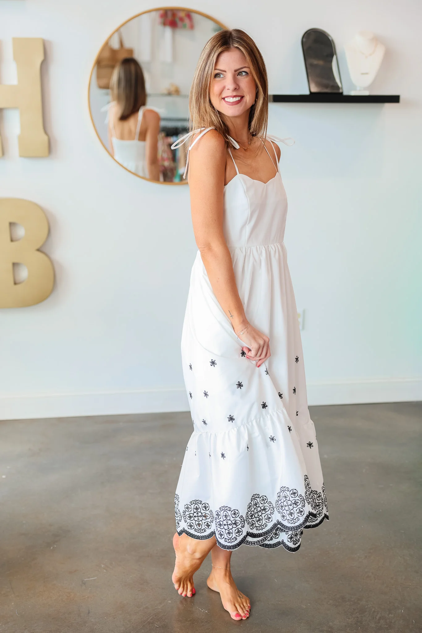 Tie Shoulder Embroidered Dress - White - Image 4