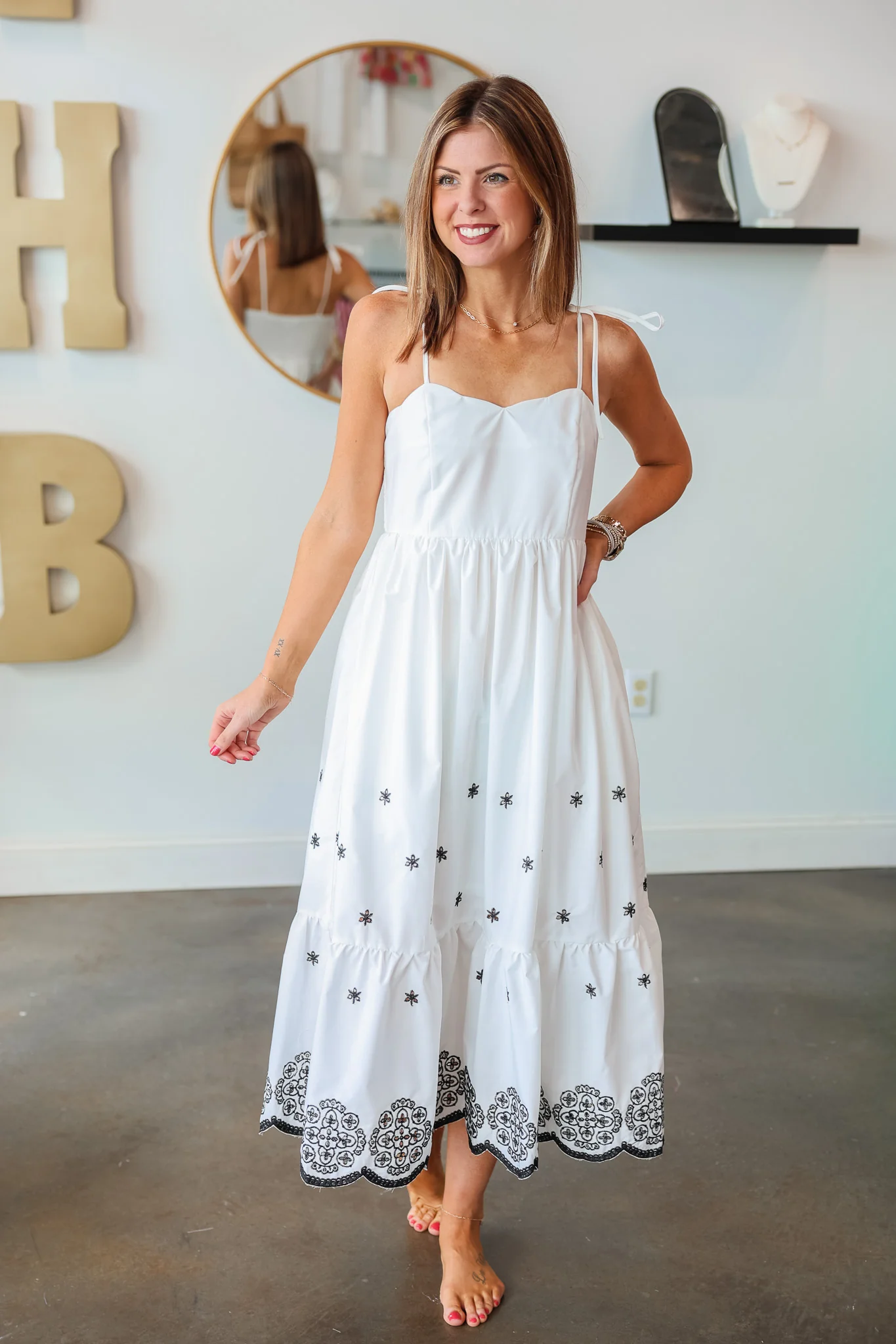 Tie Shoulder Embroidered Dress - White - Image 5