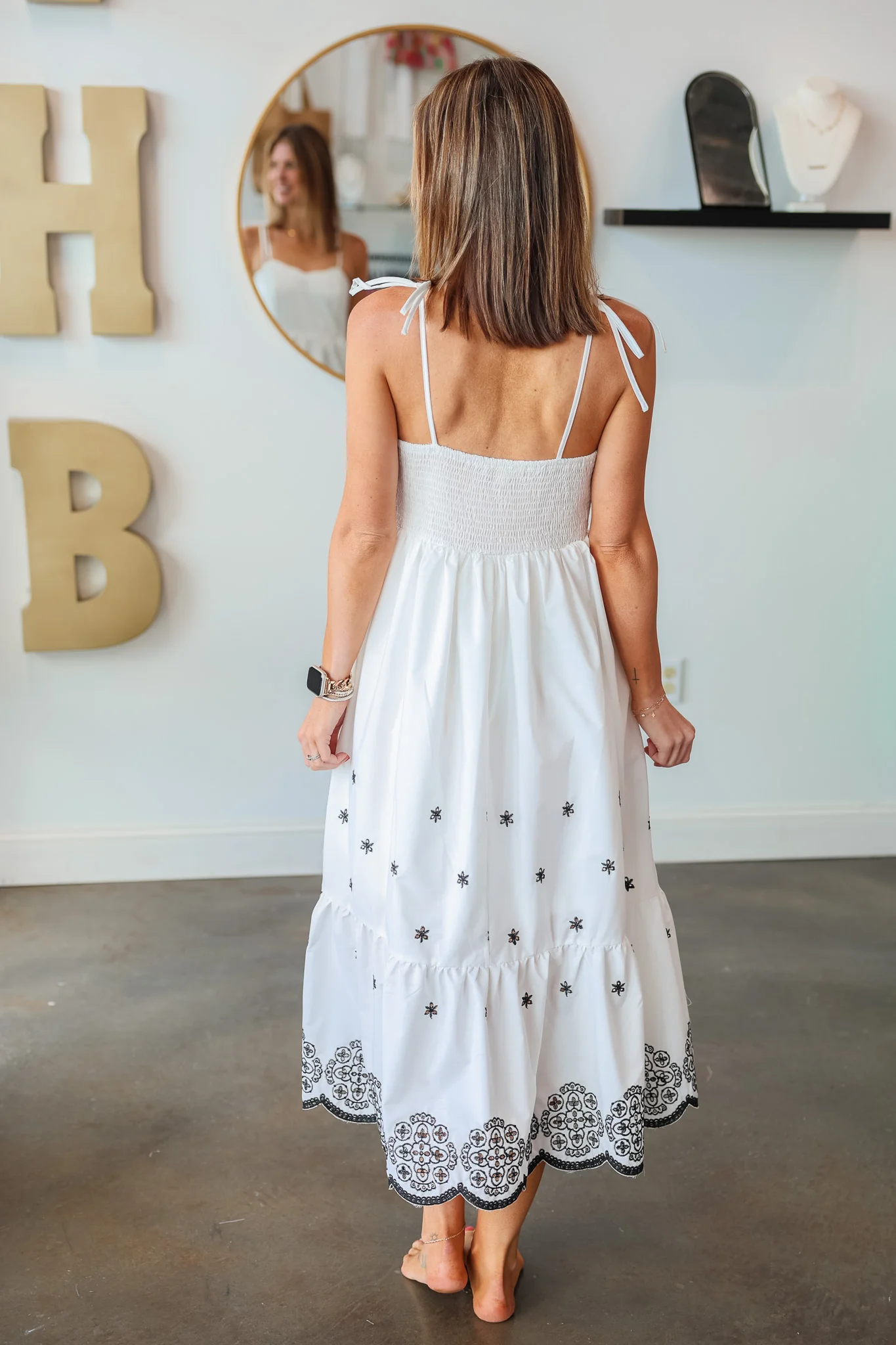 Tie Shoulder Embroidered Dress - White - Image 6