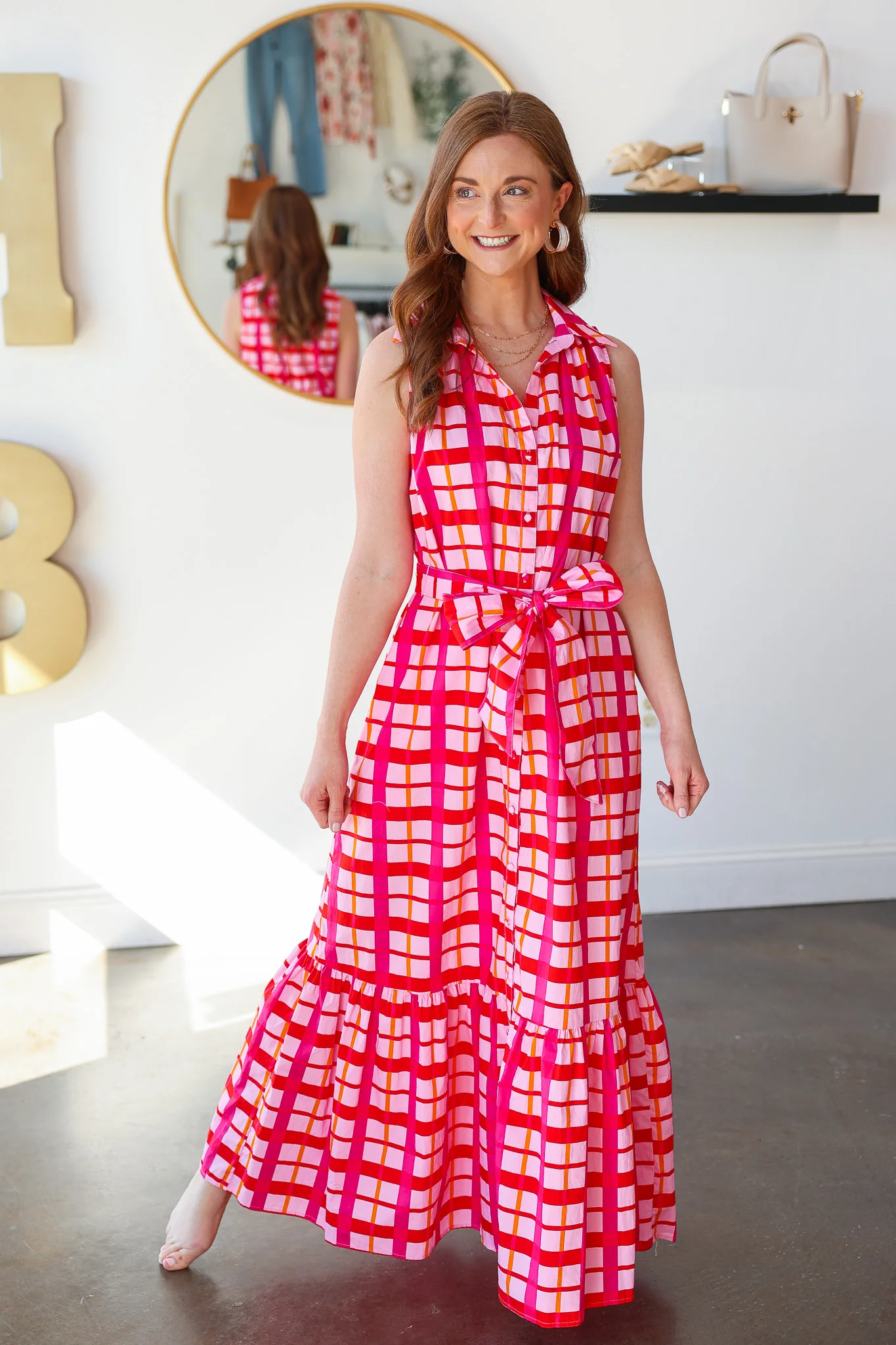 Tie Waist Checkered Dress - Pink - Image 2