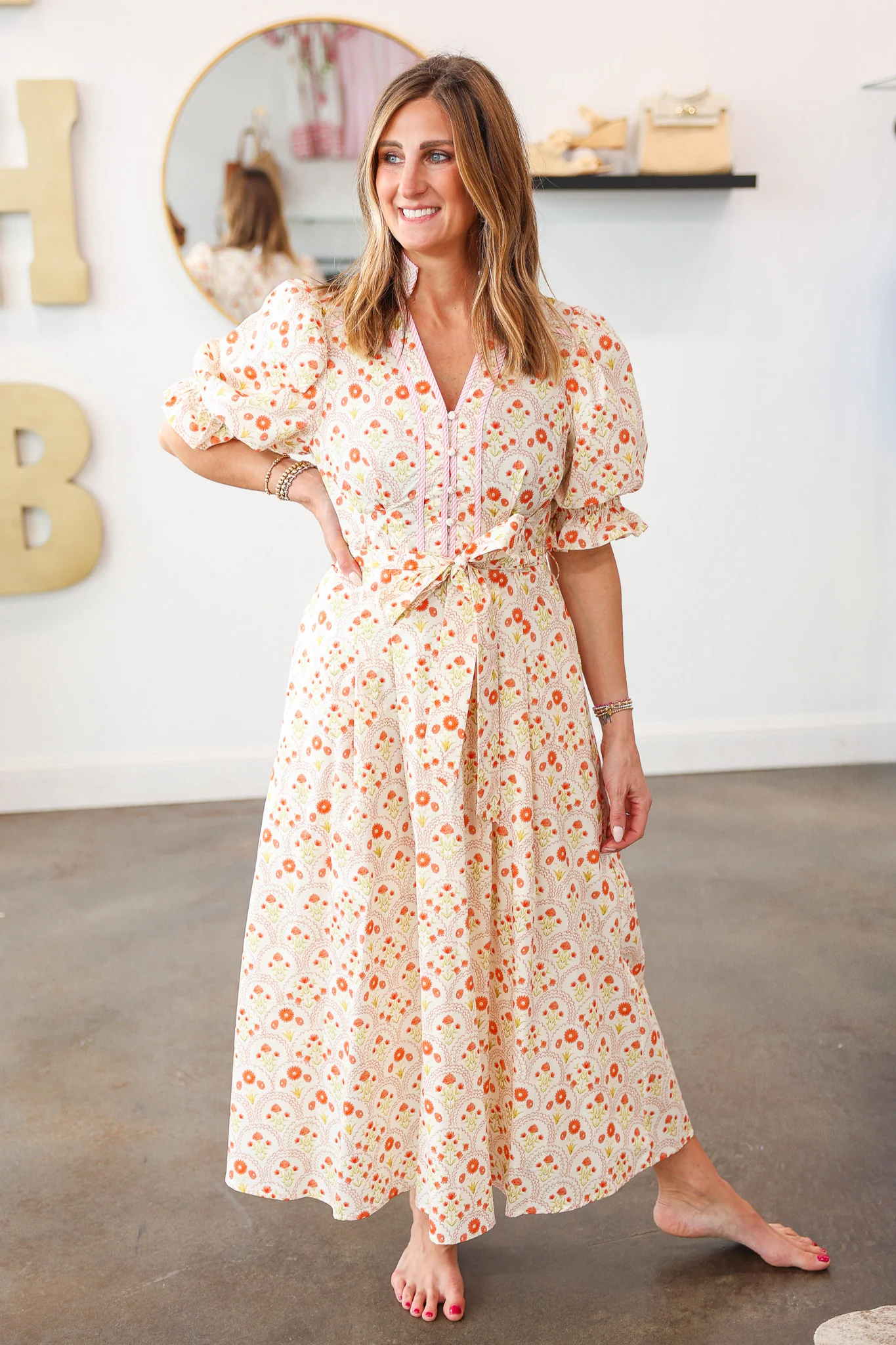 Tie Waist Mini Floral Maxi Dress - Peach