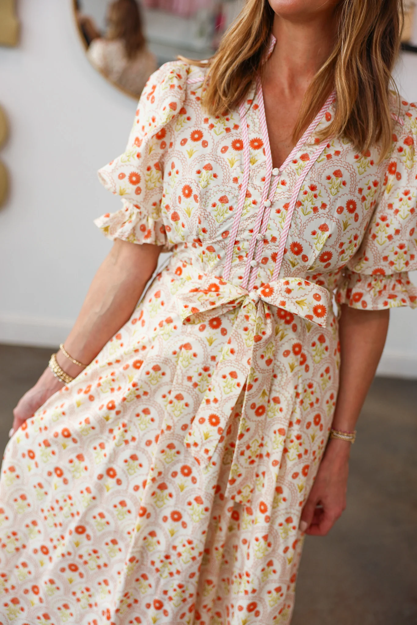 Tie Waist Mini Floral Maxi Dress - Peach - Image 2