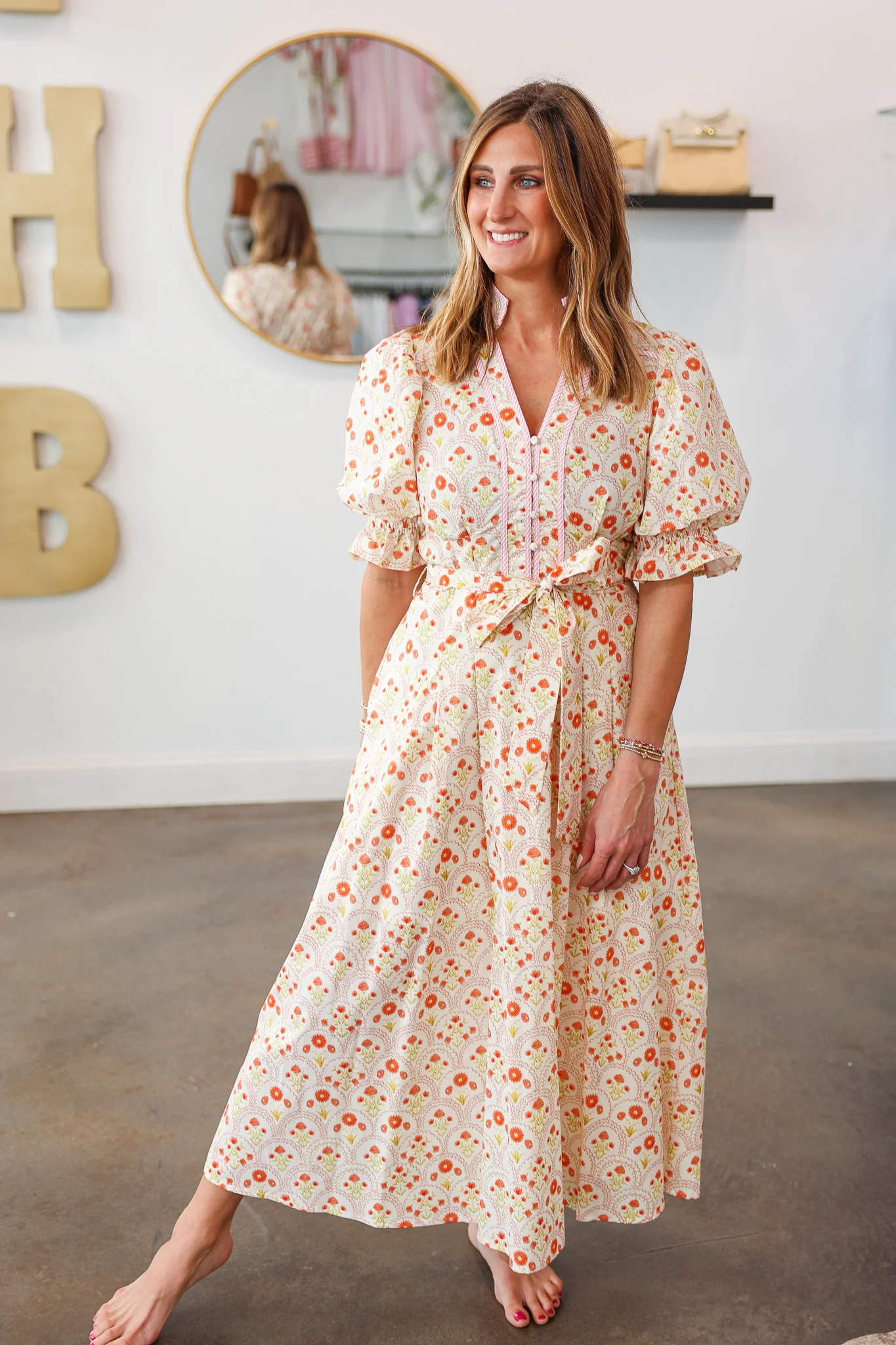Tie Waist Mini Floral Maxi Dress - Peach - Image 4
