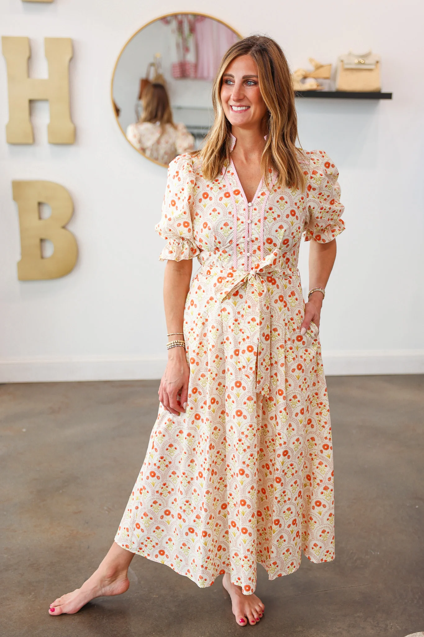 Tie Waist Mini Floral Maxi Dress - Peach - Image 6