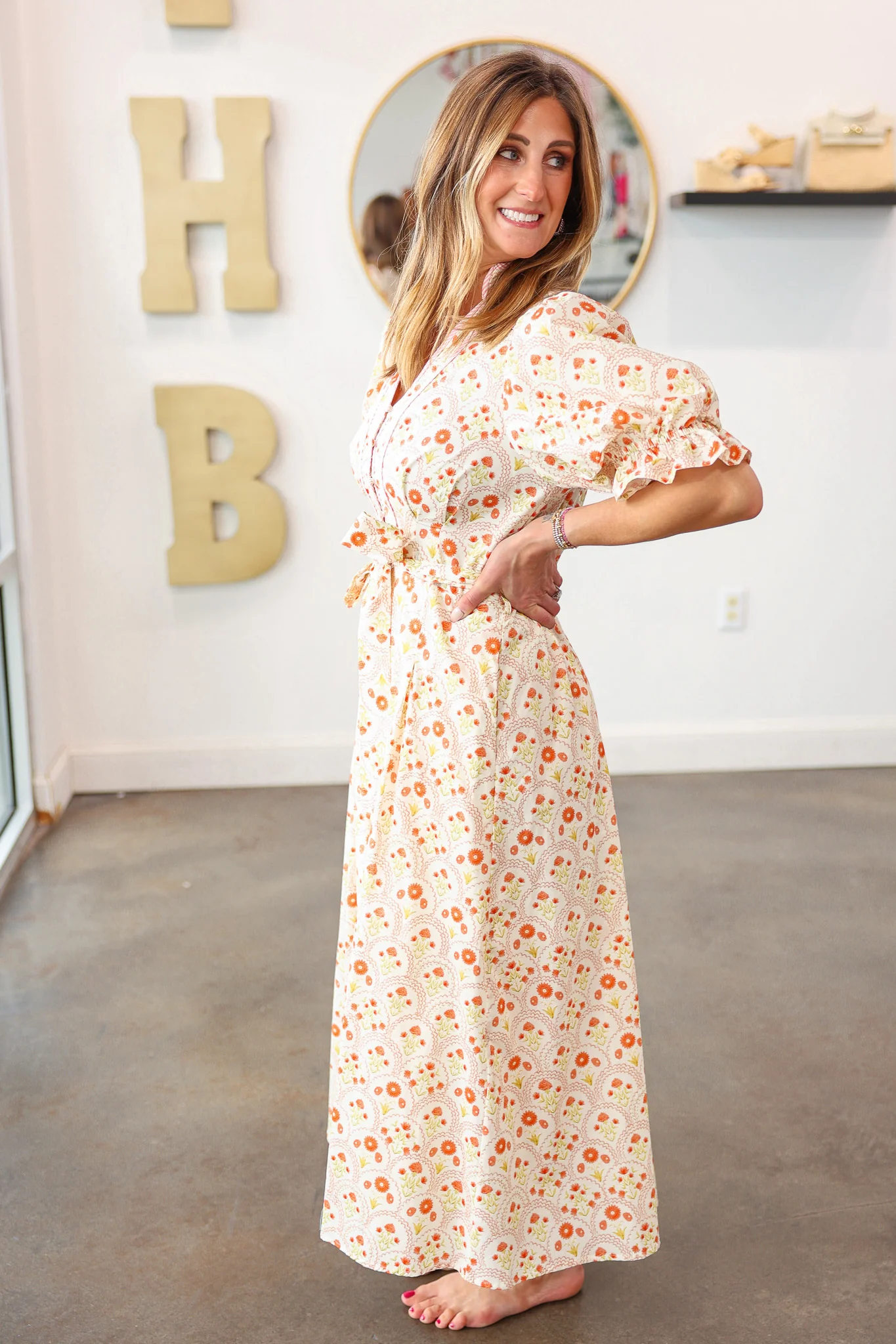 Tie Waist Mini Floral Maxi Dress - Peach - Image 8
