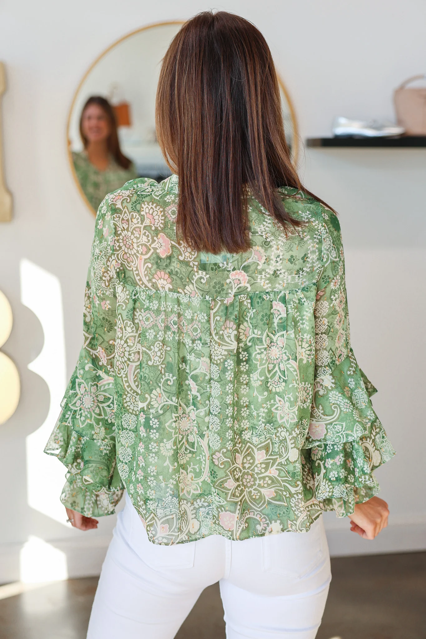 Tiered Sleeve Printed Top - Green - Image 5
