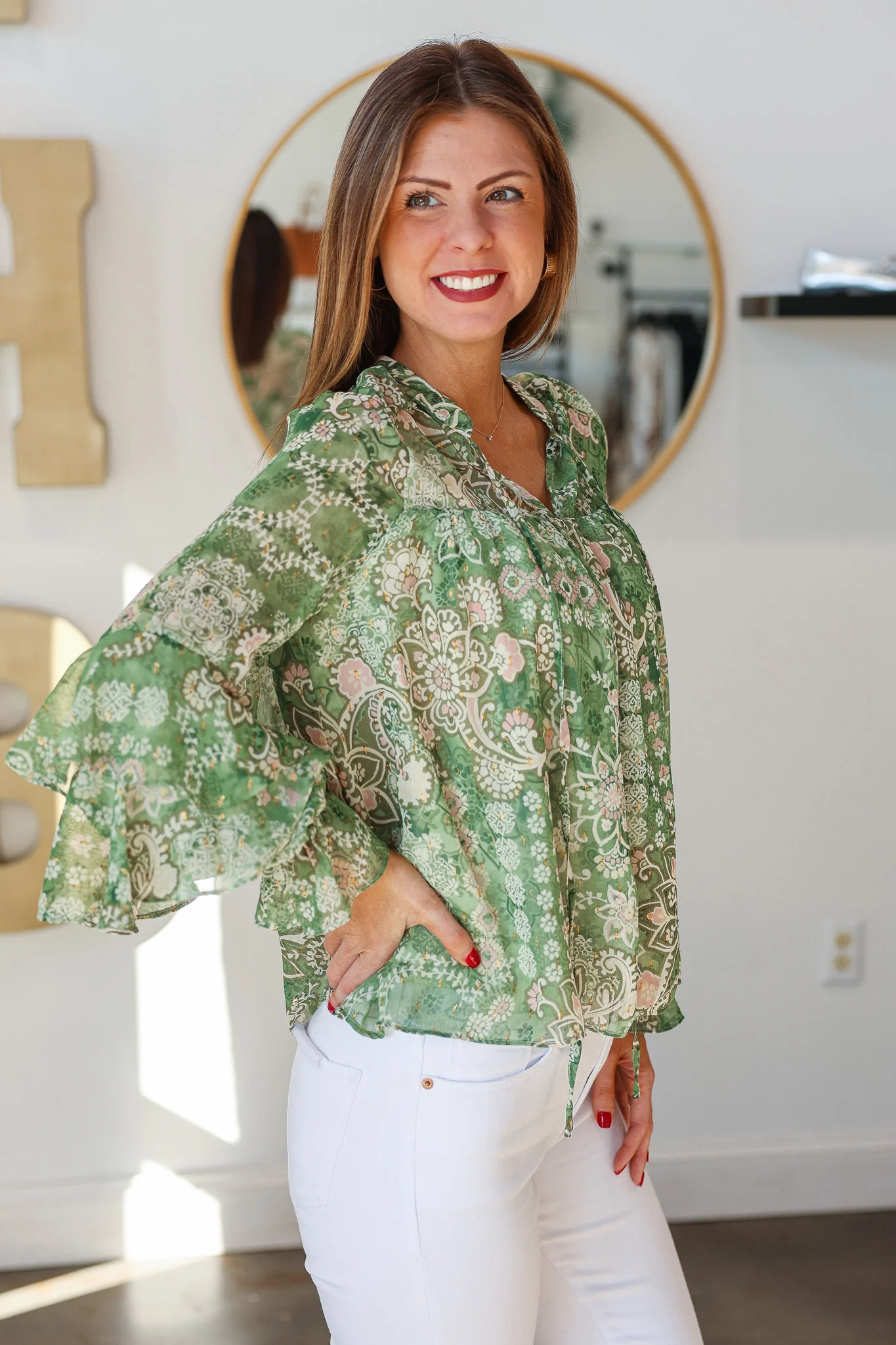 Tiered Sleeve Printed Top - Green - Image 6