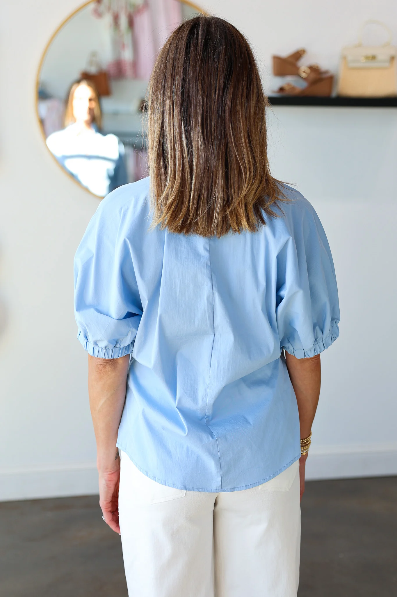 V Neck Relaxed Poplin Top - Blue - Image 5