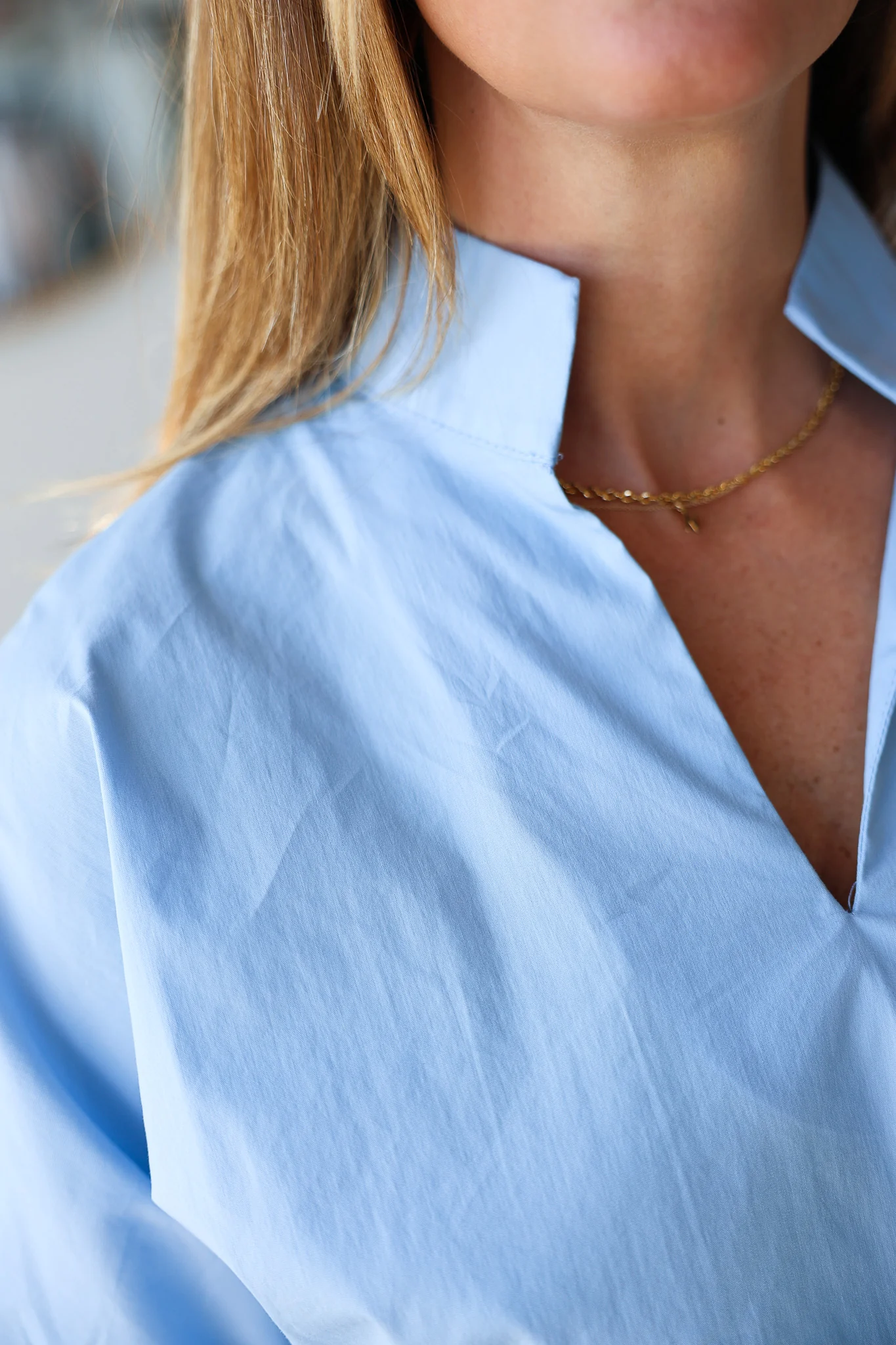 V Neck Relaxed Poplin Top - Blue - Image 6