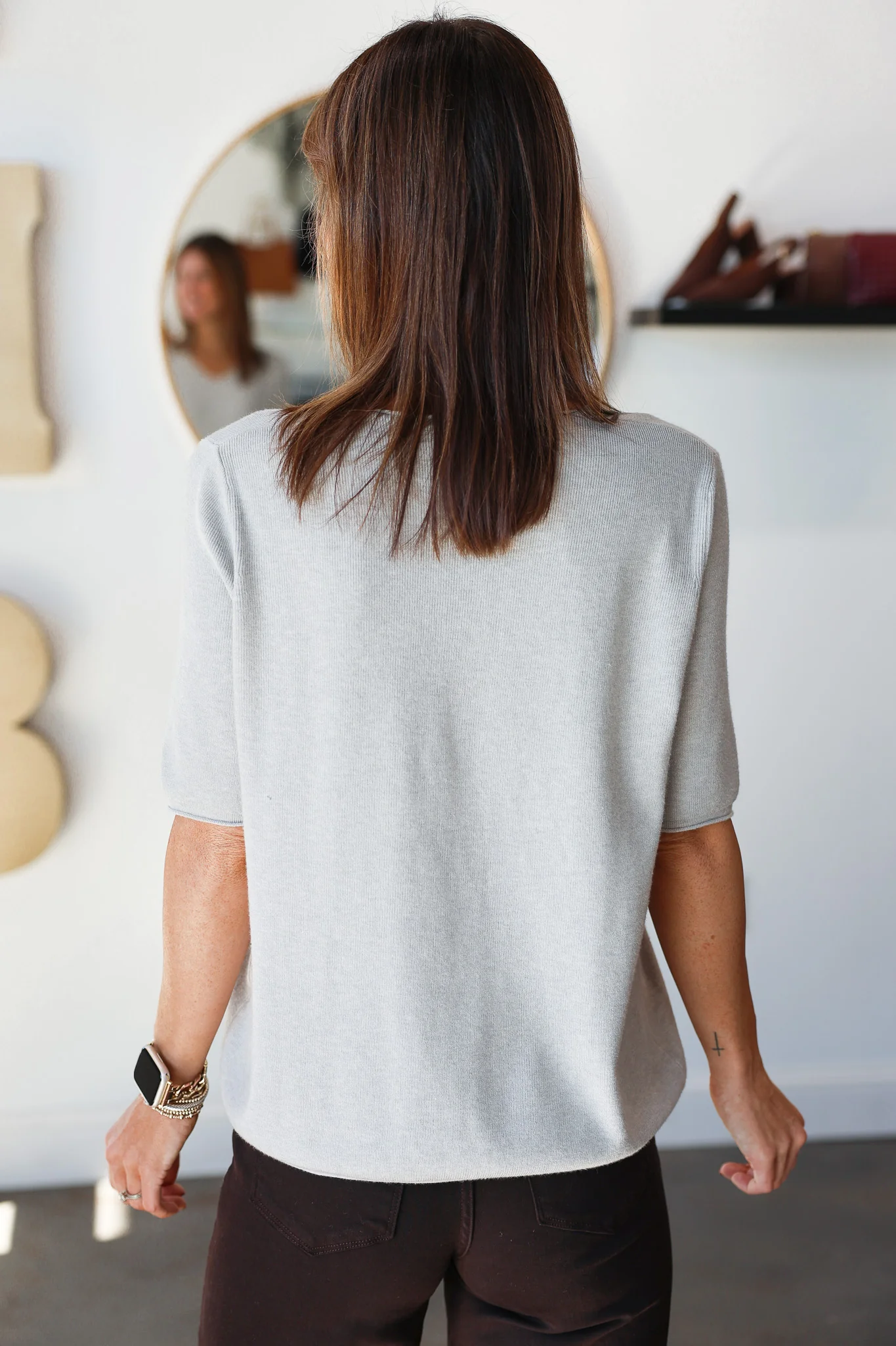V Neck Short Sleeve Sweater - Heather Gray - Image 5