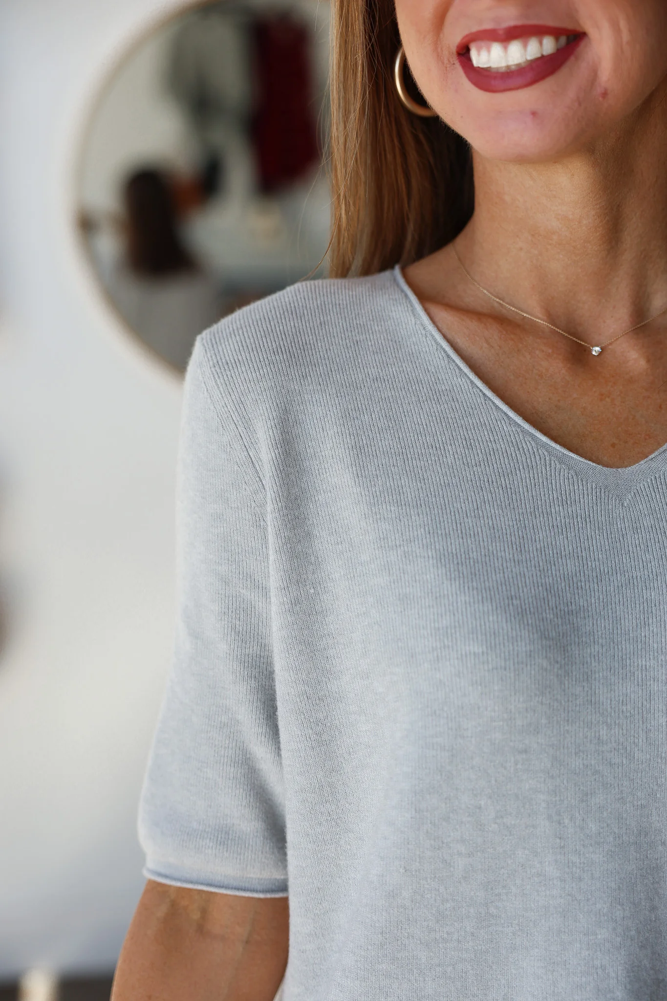 V Neck Short Sleeve Sweater - Heather Gray - Image 7