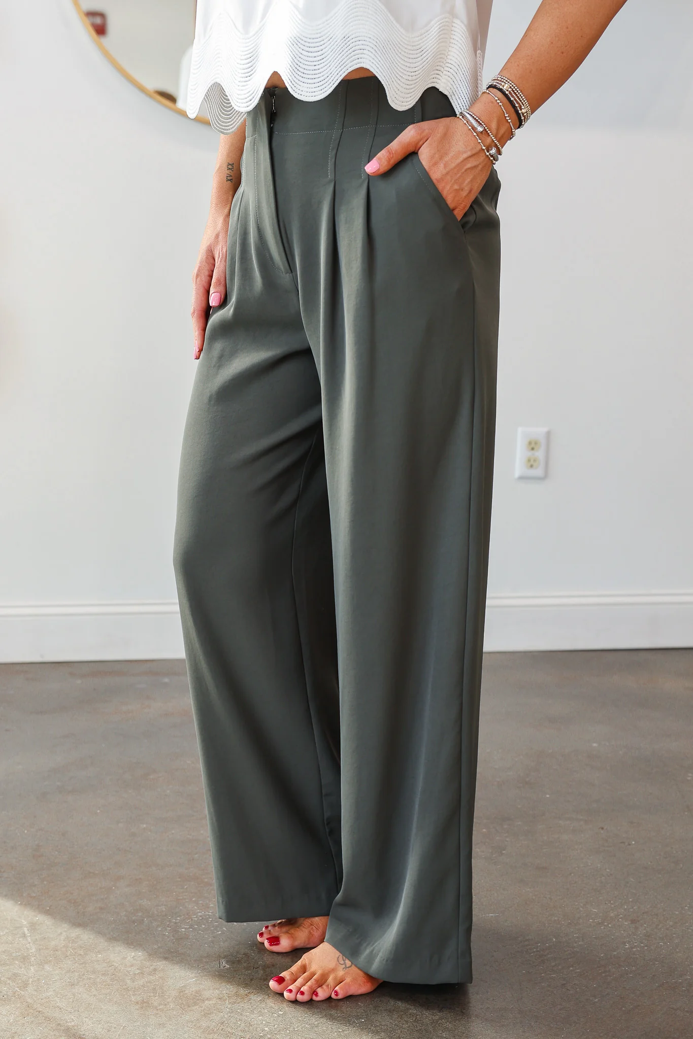 Wide Leg Dress Pants - Dark Green - Image 5