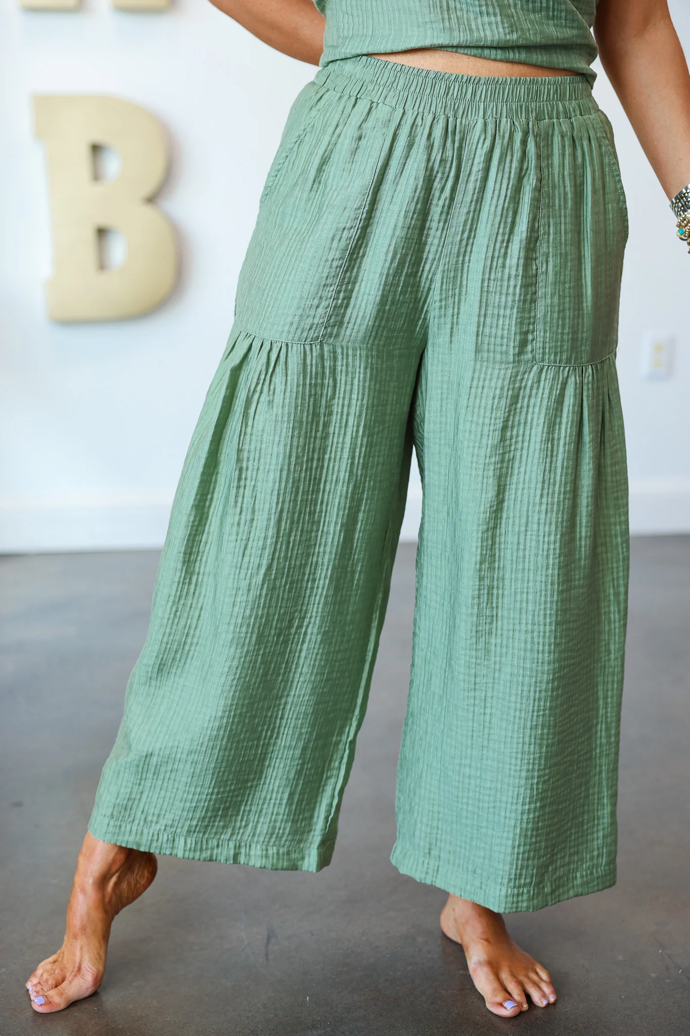 Wide Leg Shirring Detail Pants - Light Sage - Image 2