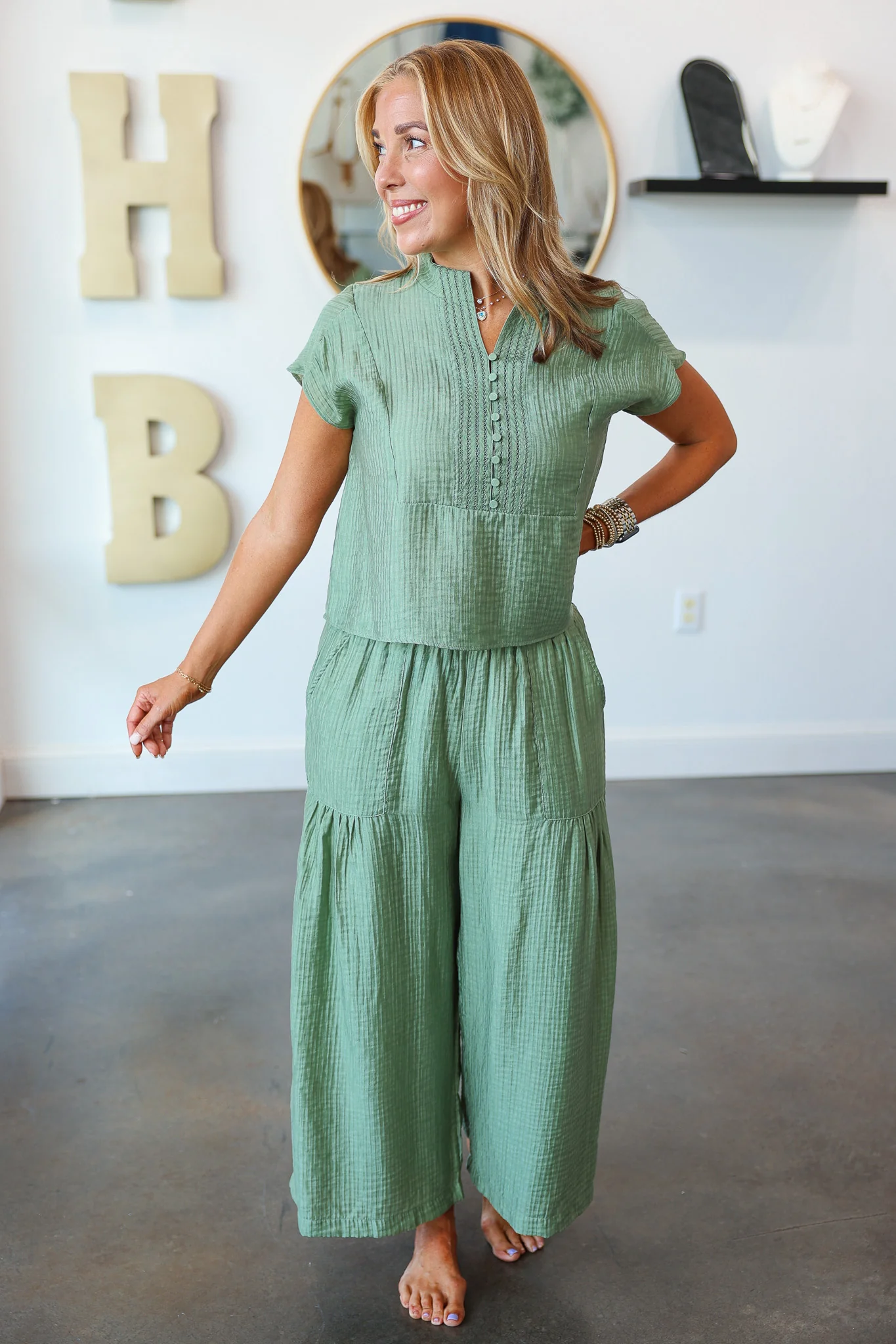 Wide Leg Shirring Detail Pants - Light Sage - Image 5